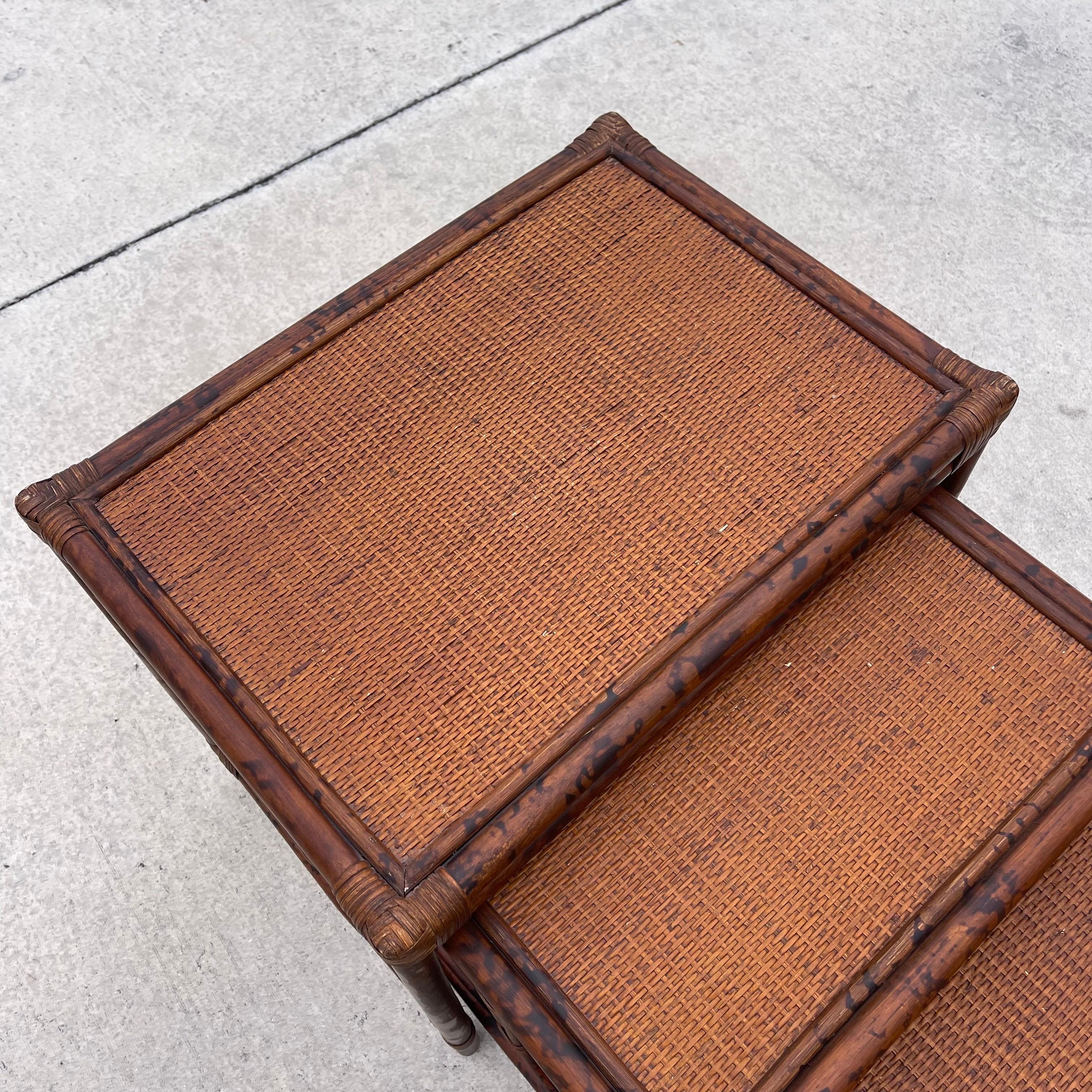 British Colonial Style Burnt Tortoise Rattan Bamboo Nesting Side Tables, Set 3 1
