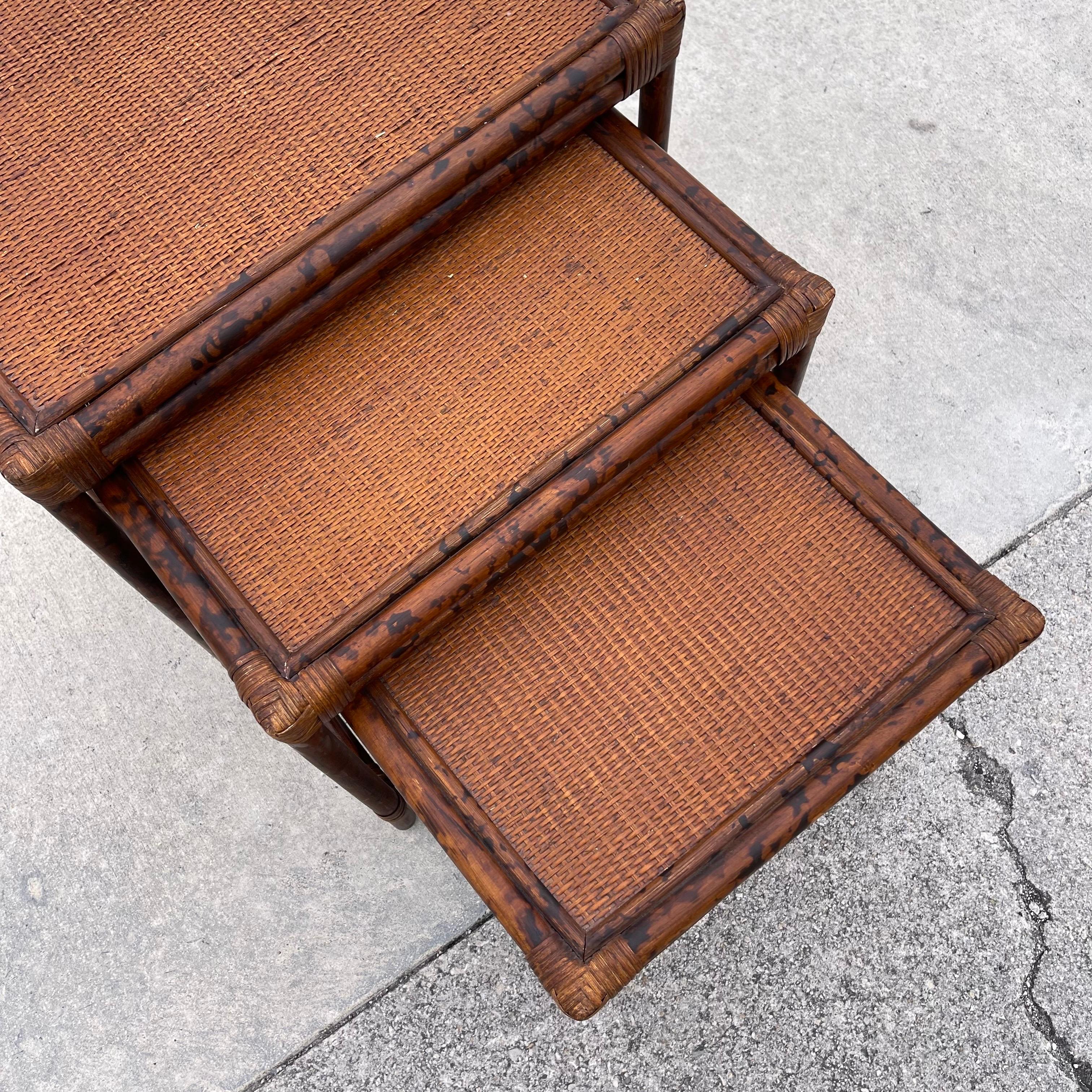 British Colonial Style Burnt Tortoise Rattan Bamboo Nesting Side Tables, Set 3 2