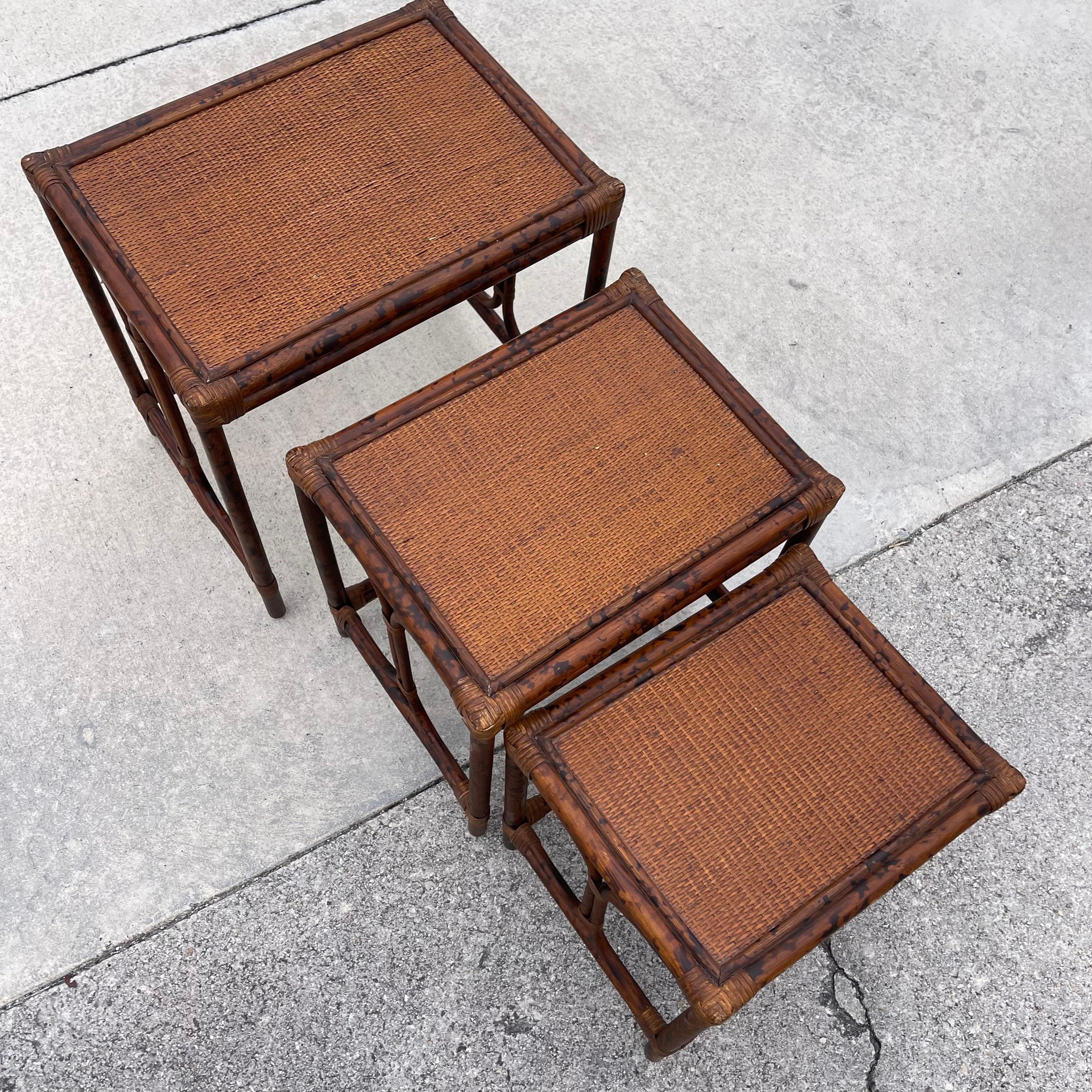 British Colonial Style Burnt Tortoise Rattan Bamboo Nesting Side Tables, Set 3 3