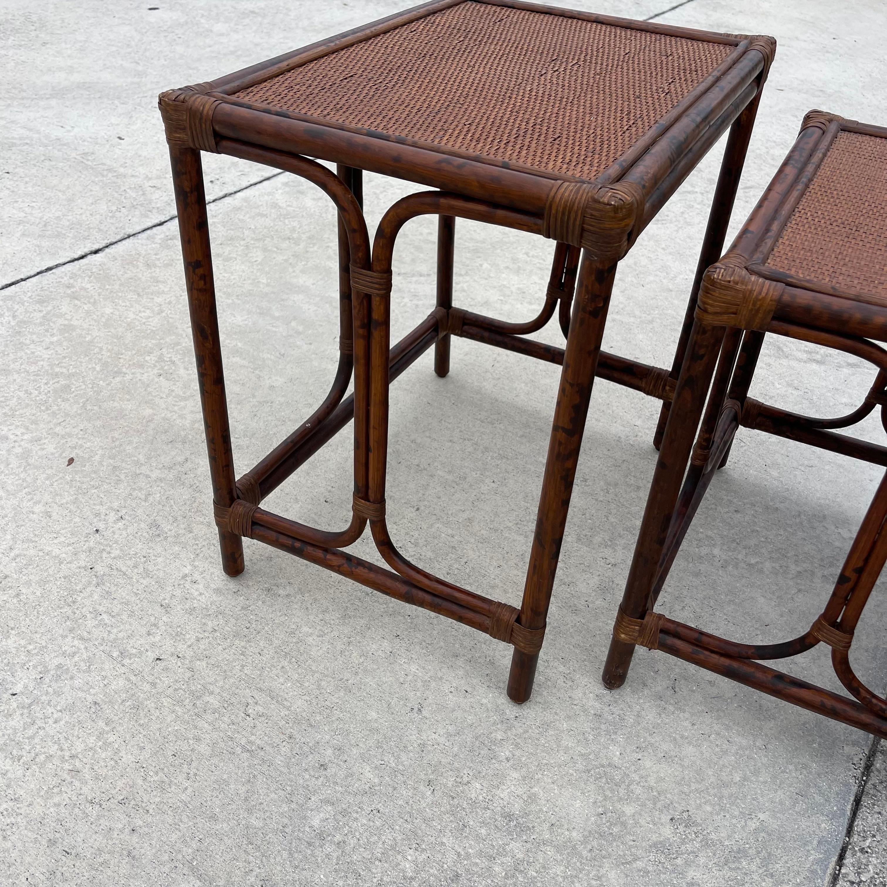 British Colonial Style Burnt Tortoise Rattan Bamboo Nesting Side Tables, Set 3 4