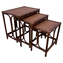 British Colonial Style Burnt Tortoise Rattan Bamboo Nesting Side Tables, Set 3