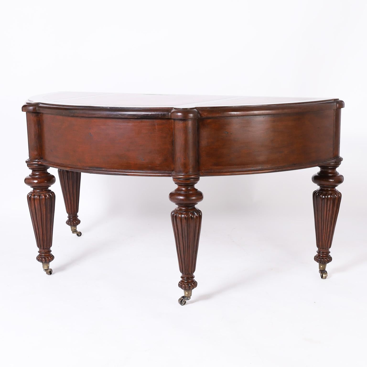 Turned British Colonial Style Demi-Lune Leather Top Desk