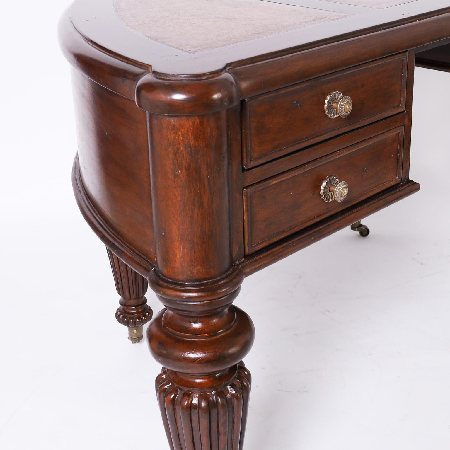Brass British Colonial Style Demi-Lune Leather Top Desk