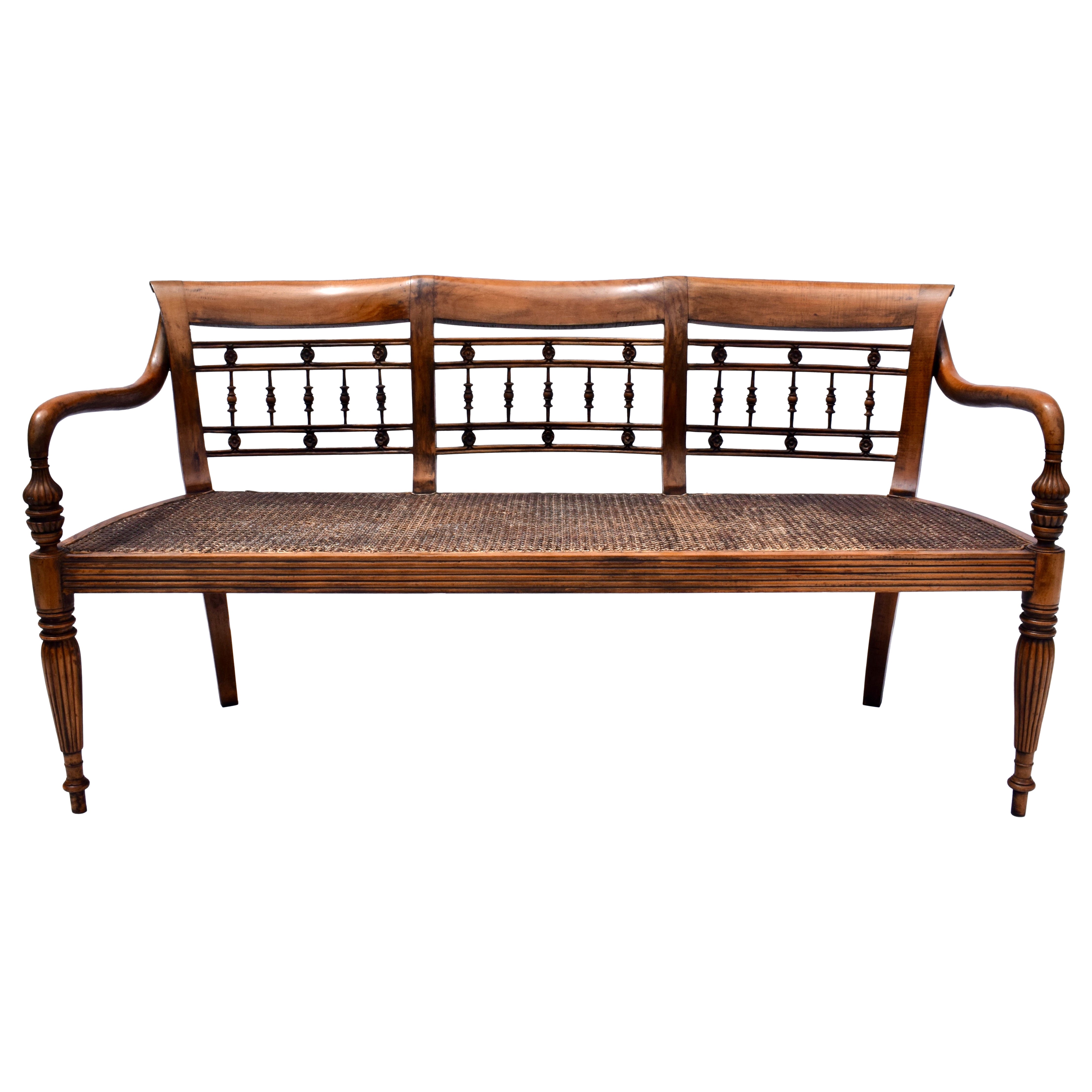 British Colonial Style Elm and Double Cane Bench For Sale