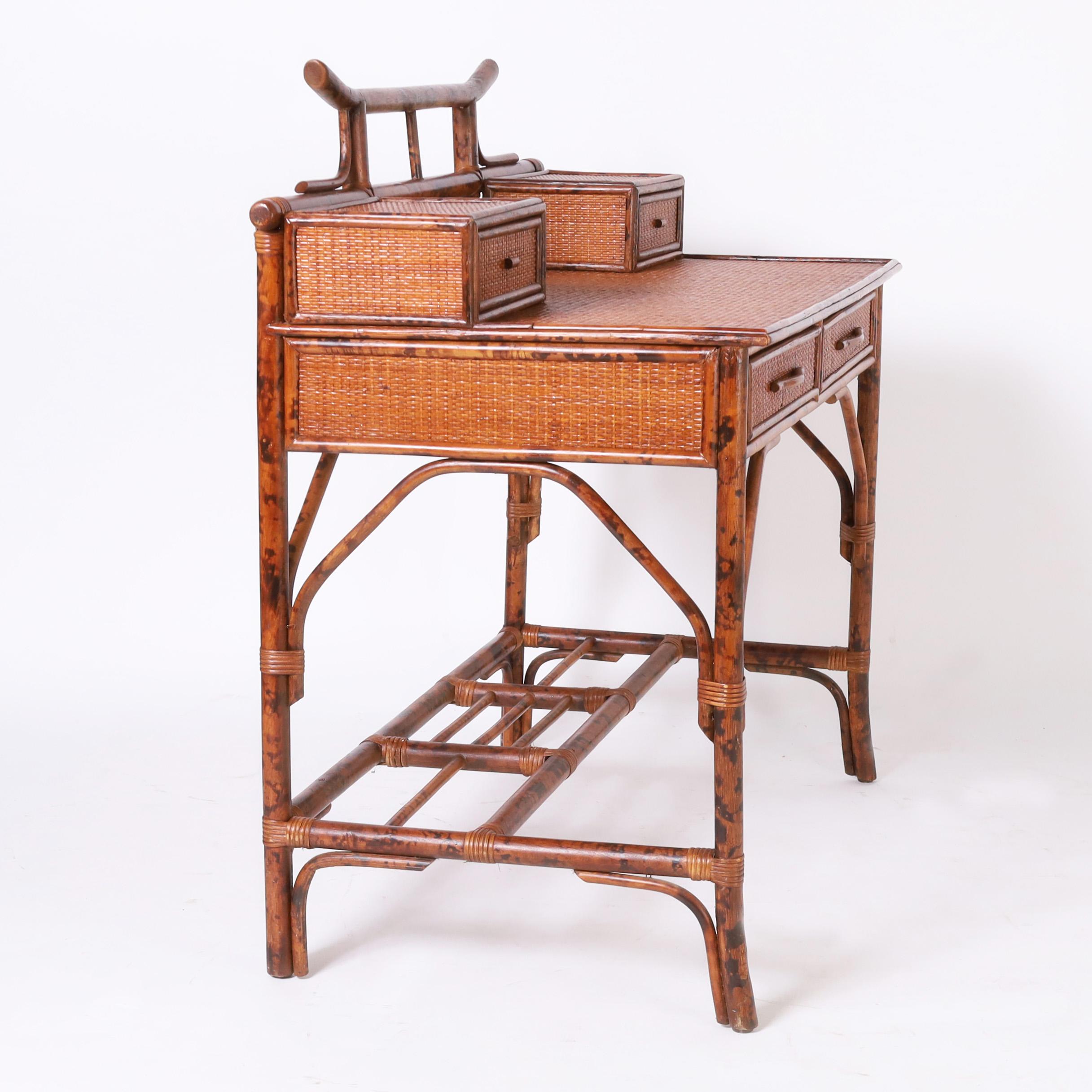 Philippine British Colonial Style Faux Bamboo and Grasscloth Pagoda Desk For Sale