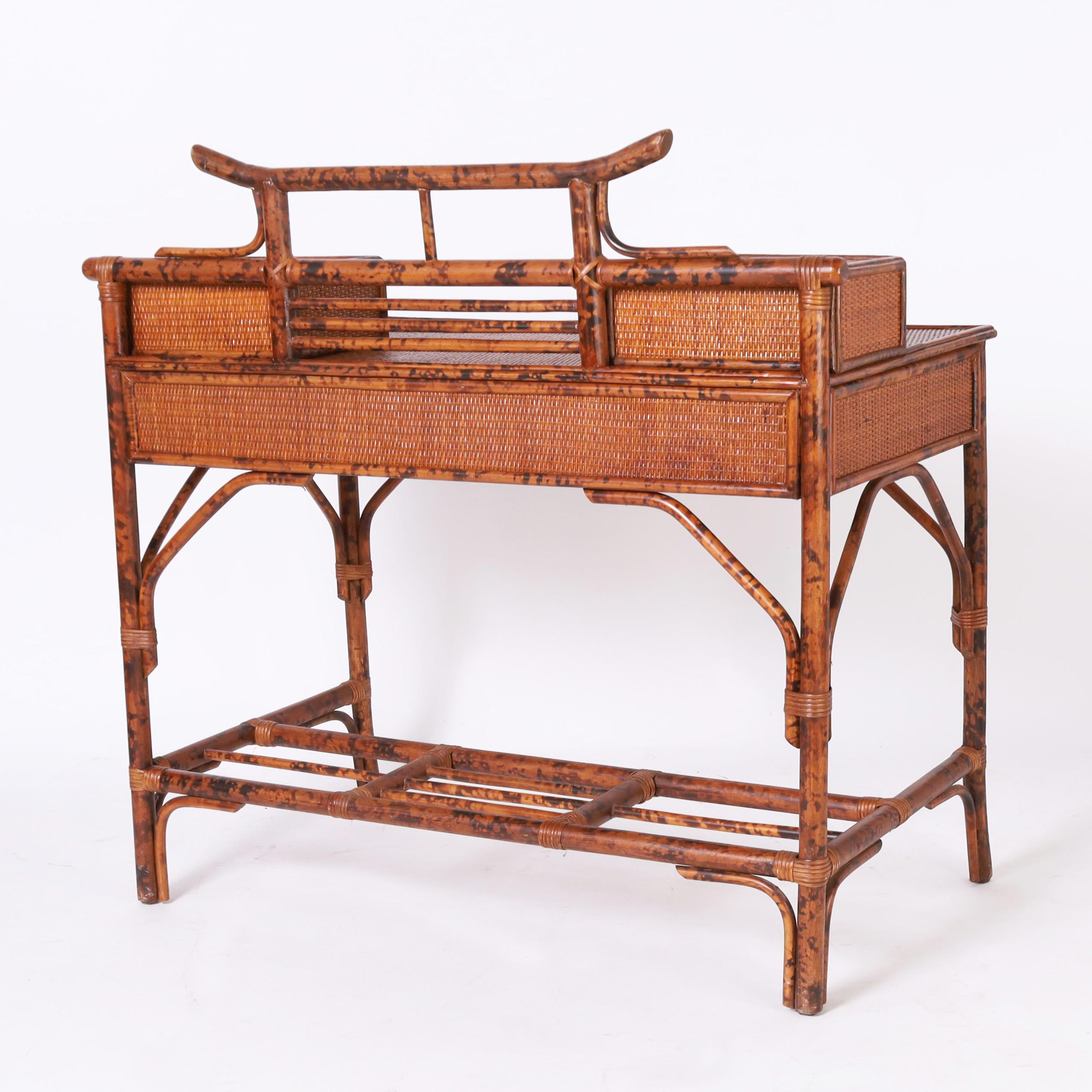 Hand-Crafted British Colonial Style Faux Bamboo and Grasscloth Pagoda Desk For Sale
