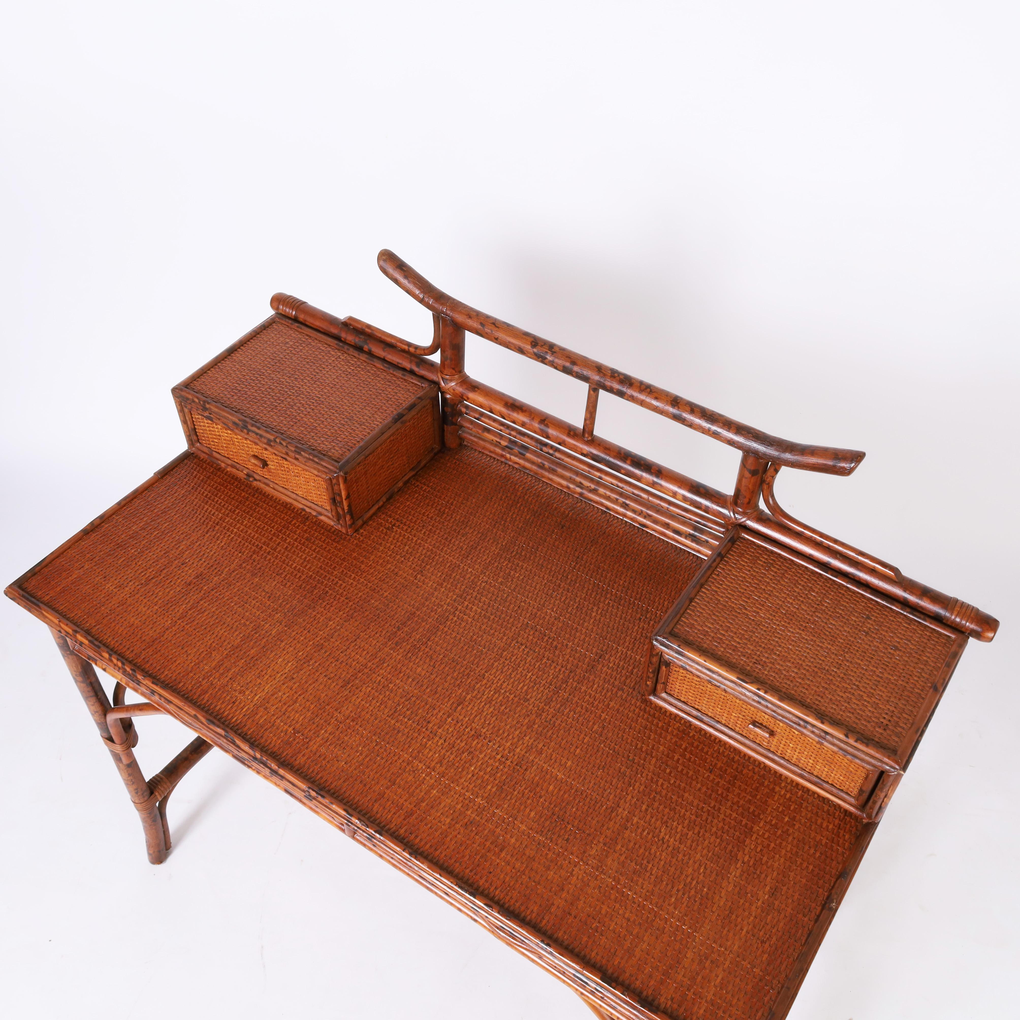 British Colonial Style Faux Bamboo and Grasscloth Pagoda Desk In Good Condition For Sale In Palm Beach, FL