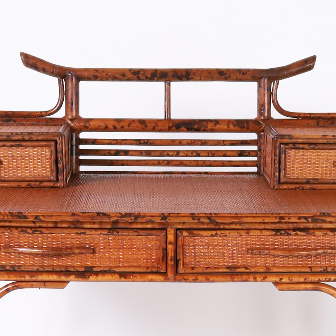 20th Century British Colonial Style Faux Bamboo and Grasscloth Pagoda Desk For Sale