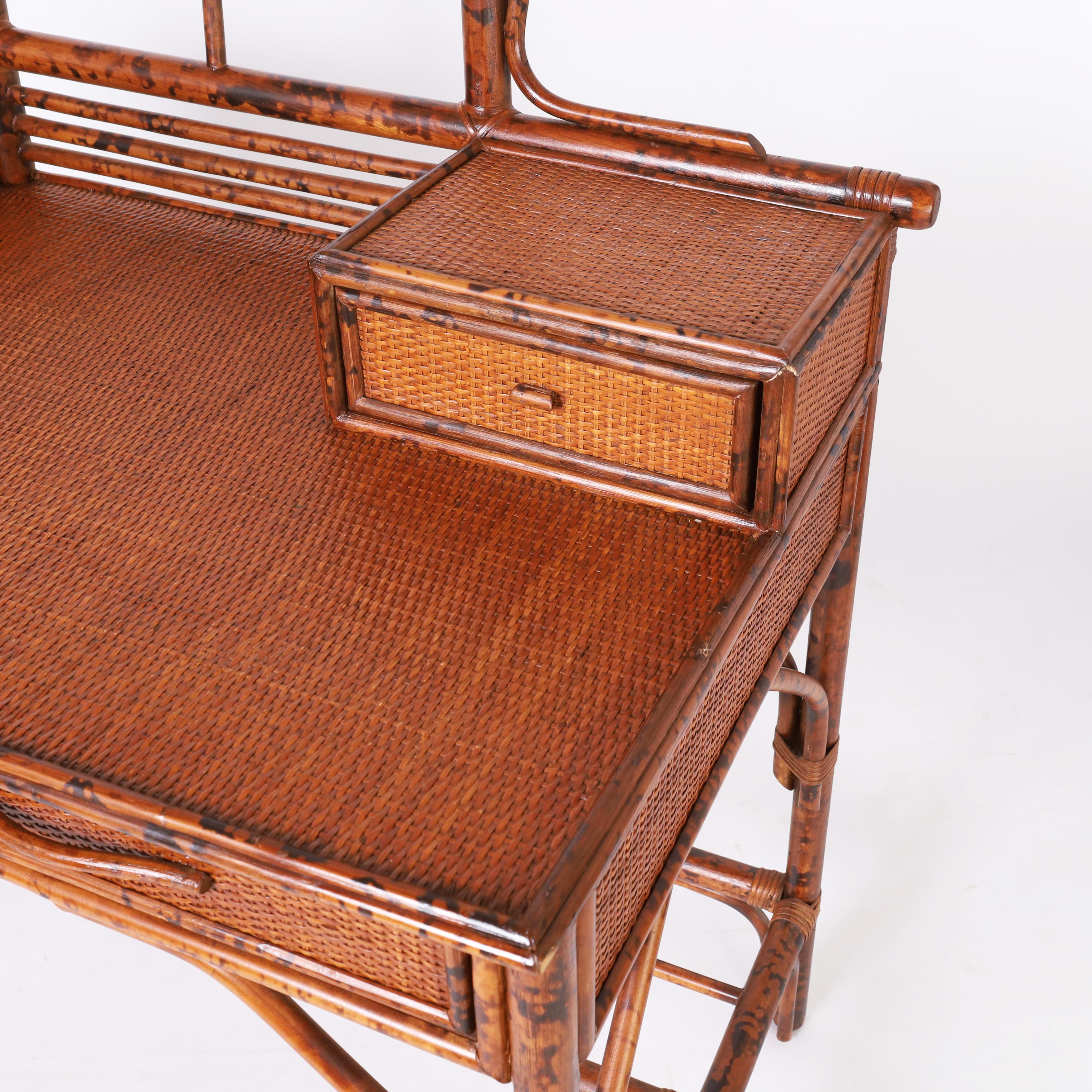 British Colonial Style Faux Bamboo and Grasscloth Pagoda Desk For Sale 1