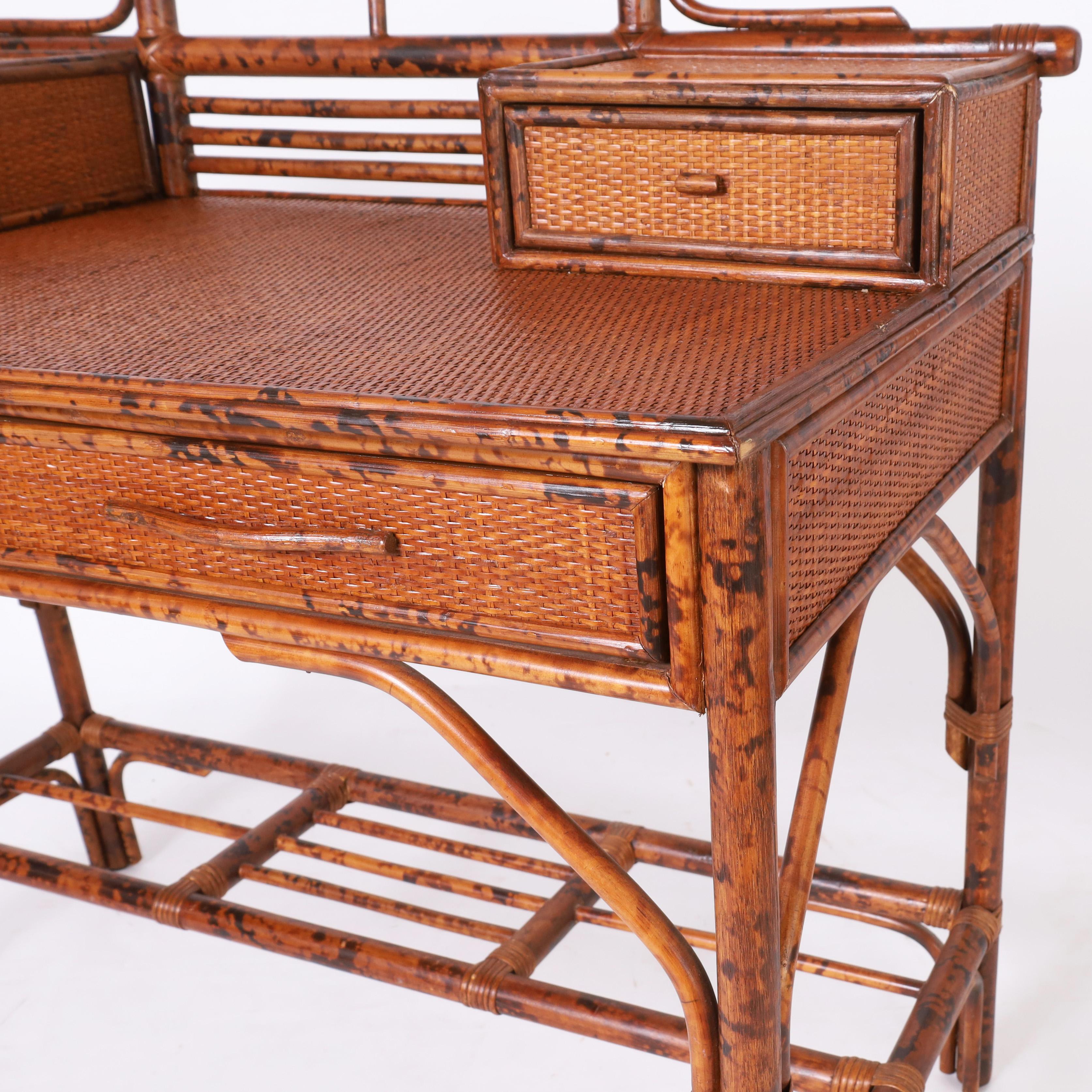 British Colonial Style Faux Bamboo and Grasscloth Pagoda Desk For Sale 2