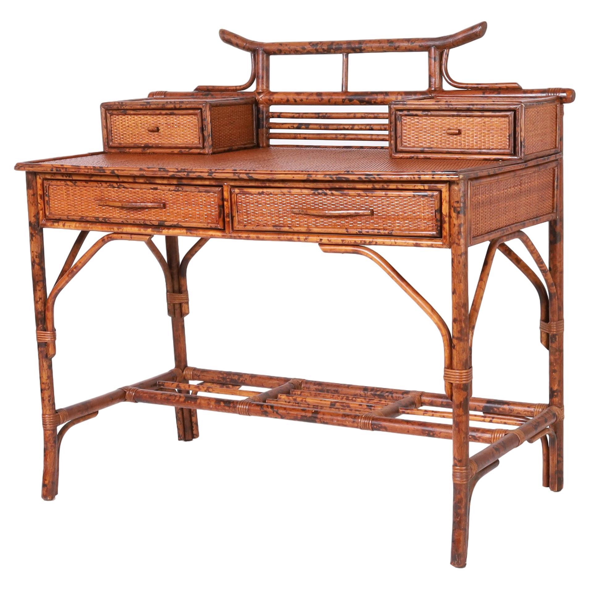 British Colonial Style Faux Bamboo and Grasscloth Pagoda Desk
