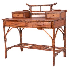 Antique British Colonial Style Faux Bamboo and Grasscloth Pagoda Desk