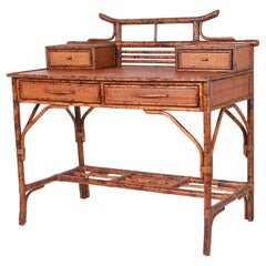 Vintage British Colonial Style Faux Bamboo and Grasscloth Pagoda Desk