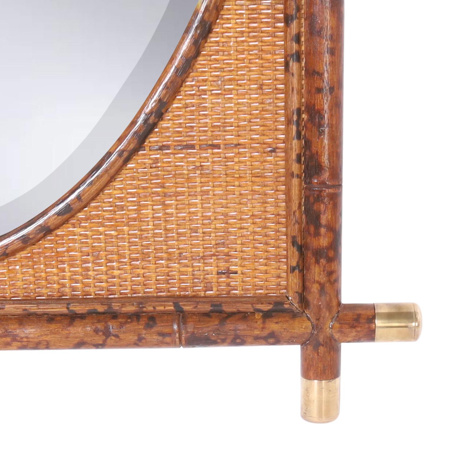 British Colonial Style Faux Bamboo and Grasscloth Wall Mirror In Good Condition In Palm Beach, FL