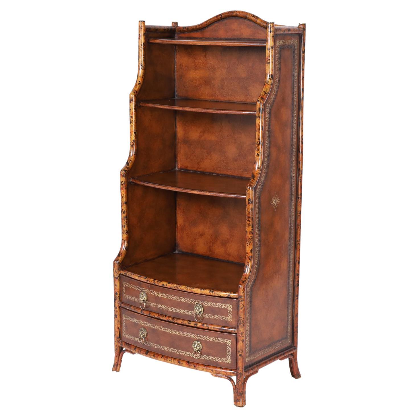 British Colonial Style Faux Bamboo and Leather Bookcase