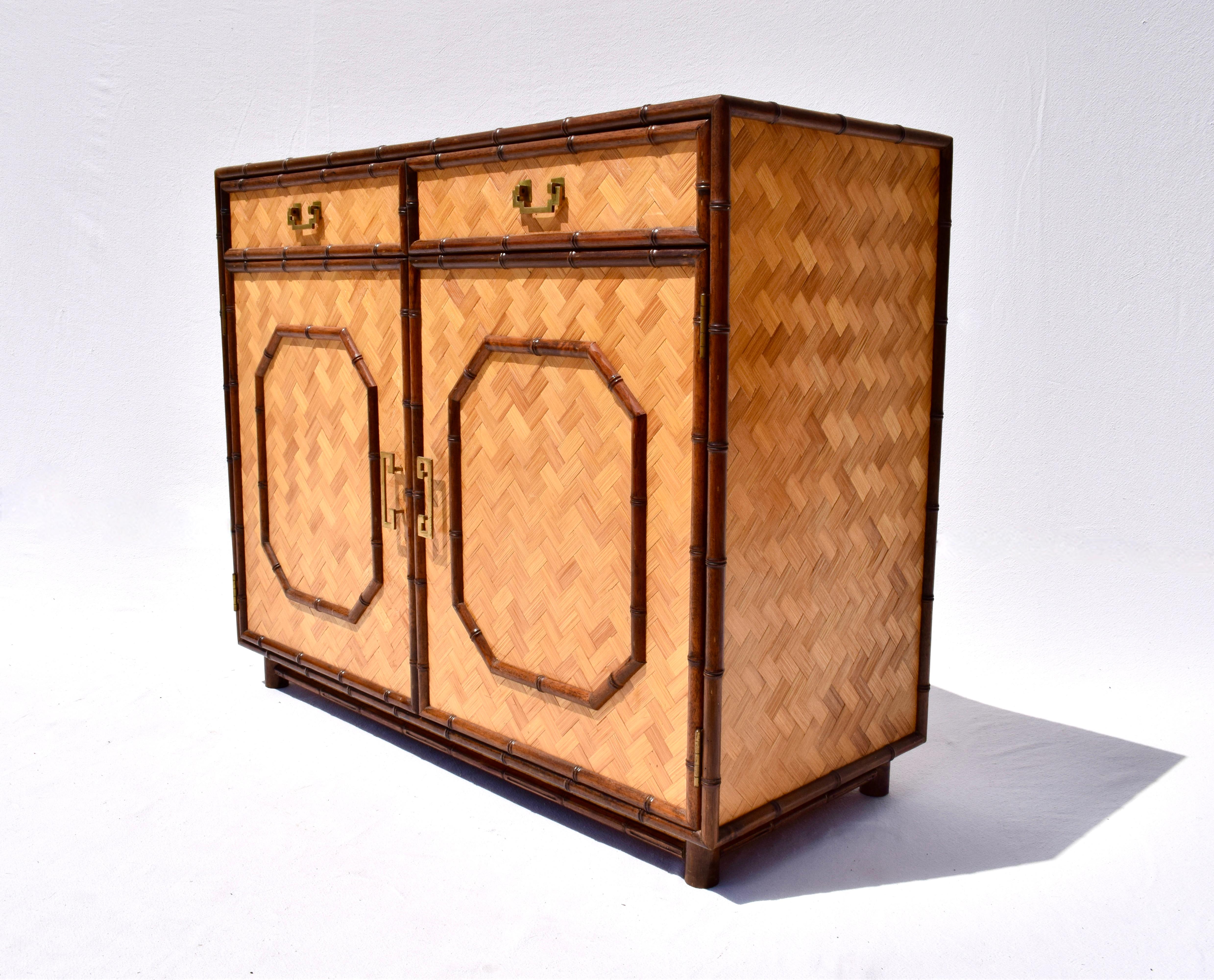 Exceptional Basketweave Rattan and faux bamboo sideboard with two drawers, spacious lower cabinet and single loose shelf. Beautifully maintained, ready for use.