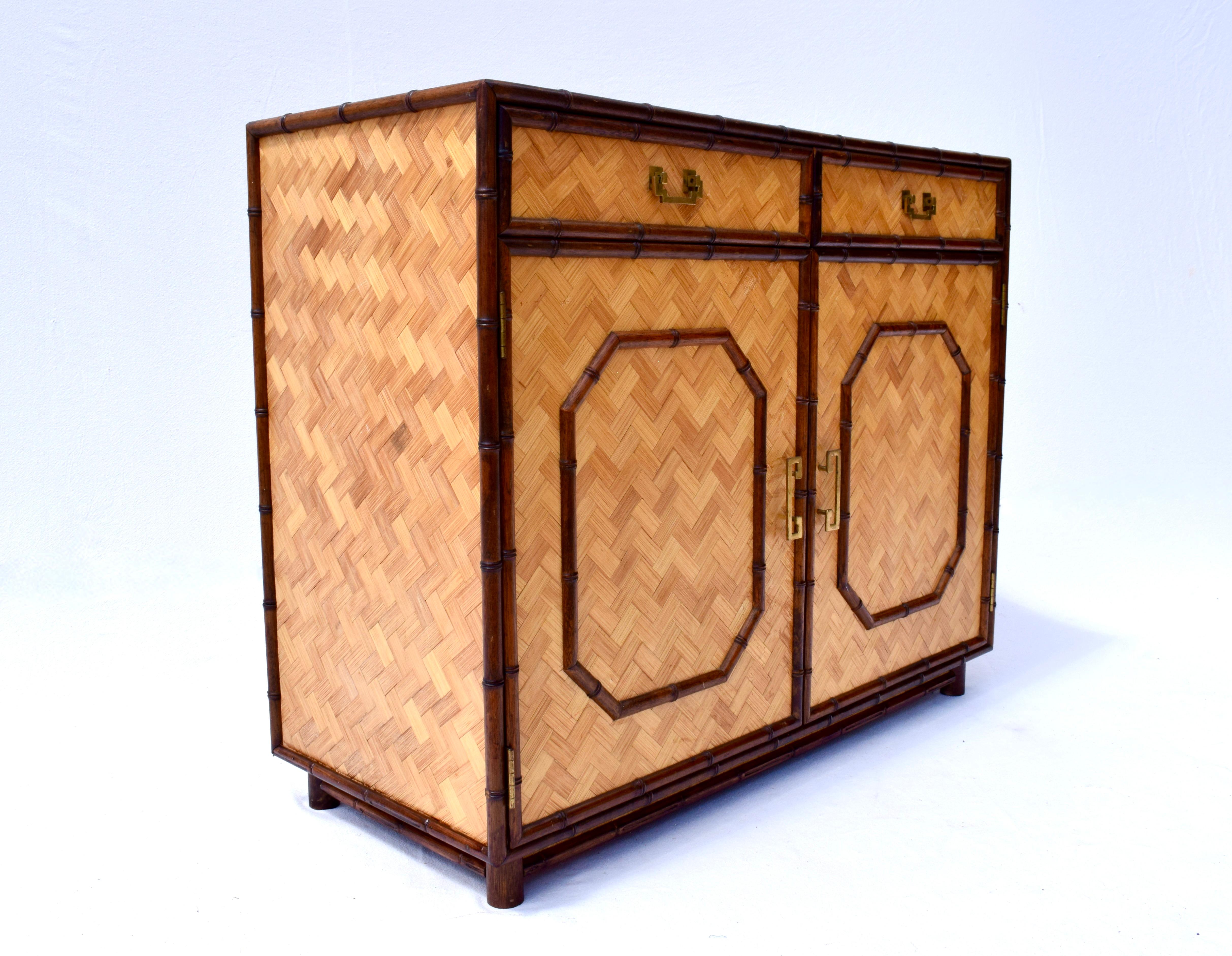 Asian British Colonial Style Faux Bamboo and Reed Sideboard Cabinet