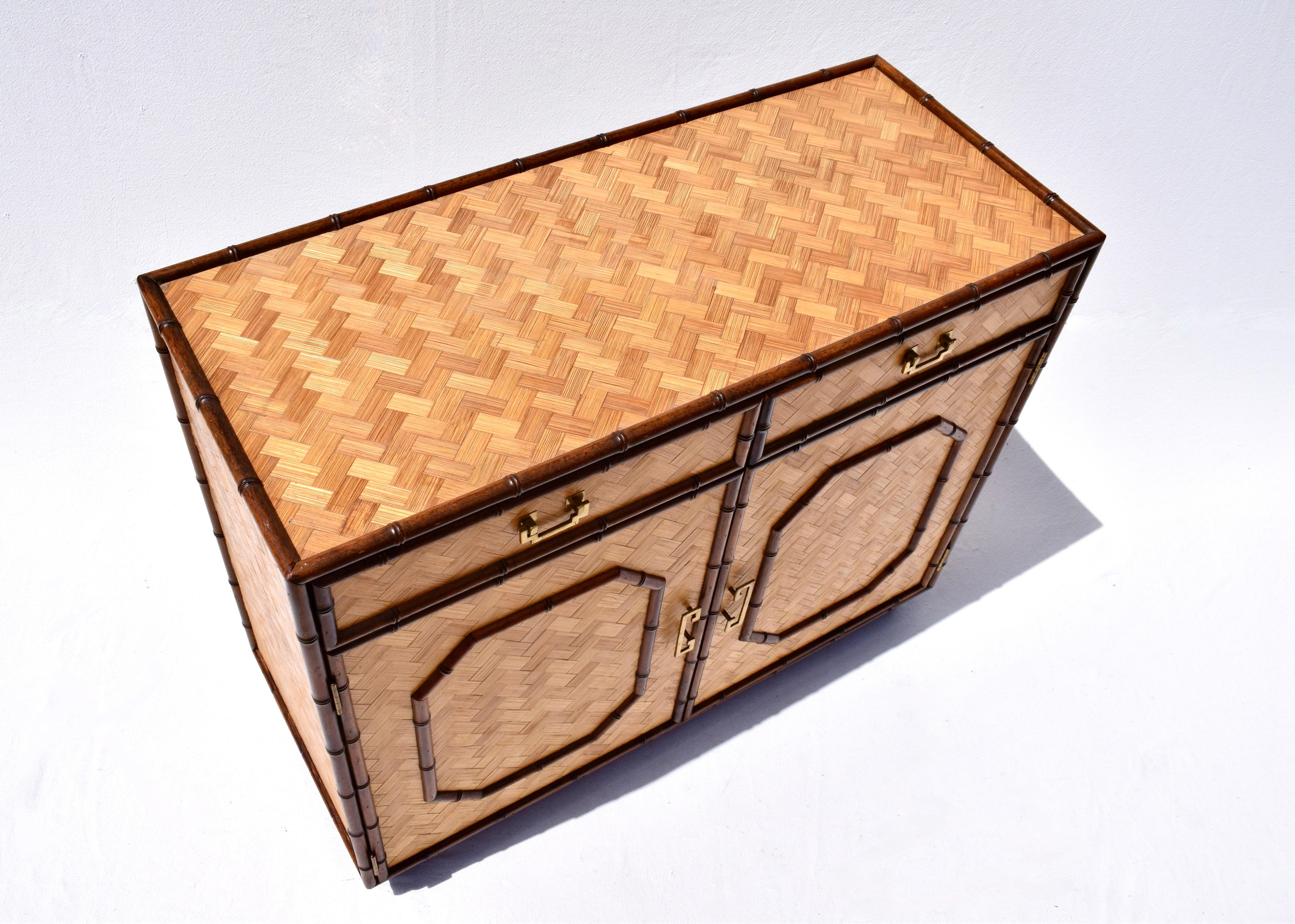 British Colonial Style Faux Bamboo and Reed Sideboard Cabinet In Good Condition In Southampton, NJ