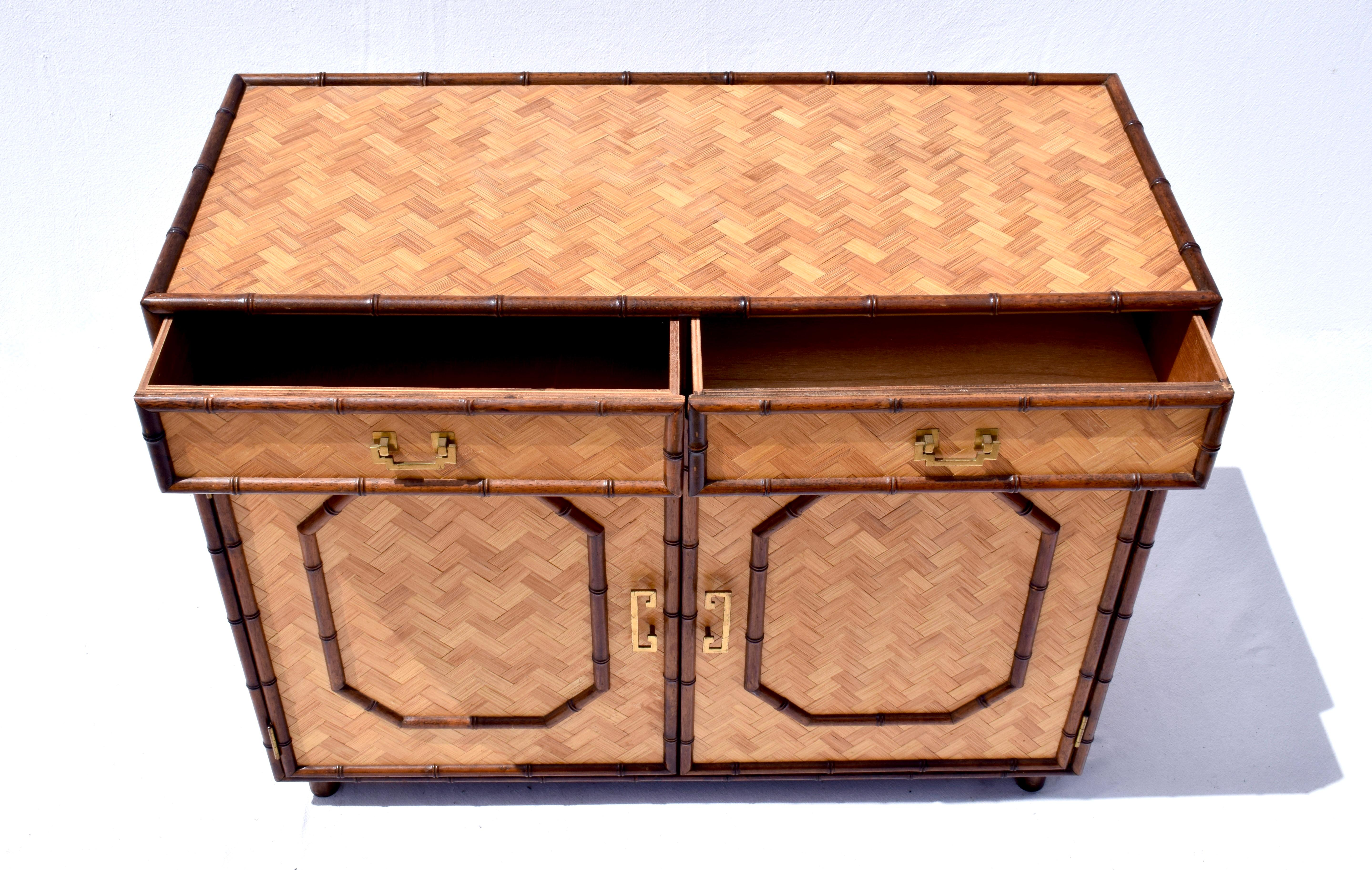 Brass British Colonial Style Faux Bamboo and Reed Sideboard Cabinet