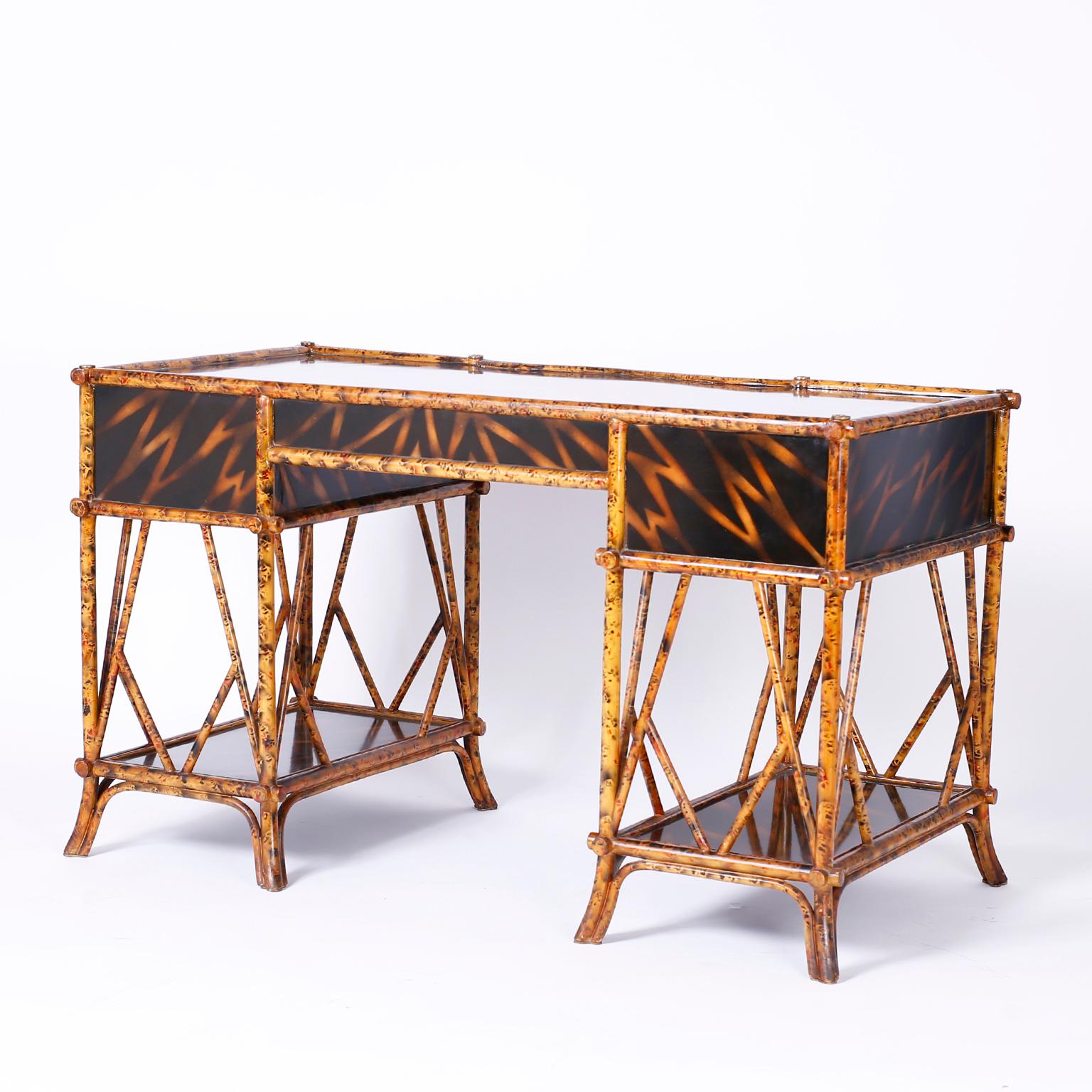 American British Colonial Style Faux Bamboo and Tortoise Desk