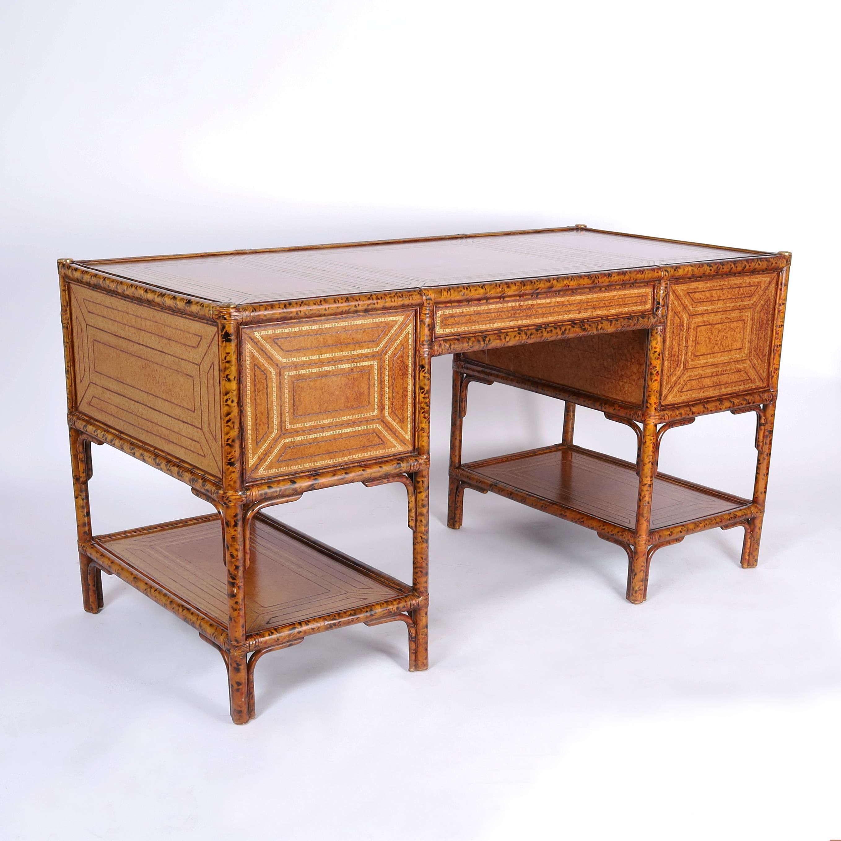 British Colonial Style Faux Bamboo Leather Clad Desk by Maitland-Smith In Good Condition For Sale In Palm Beach, FL