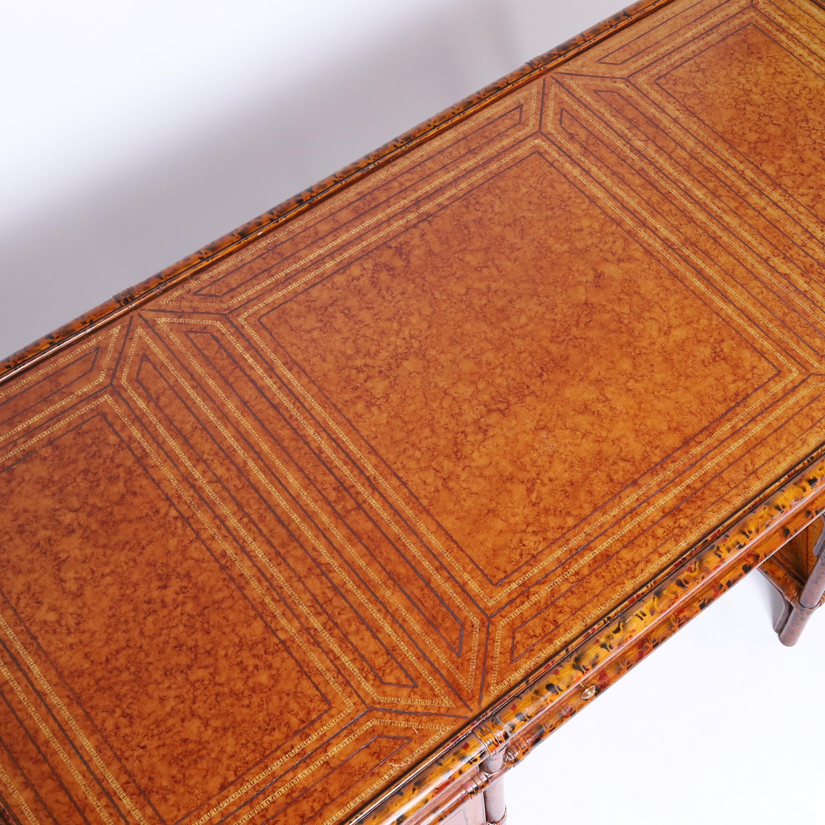 20th Century British Colonial Style Faux Bamboo Leather Clad Desk by Maitland-Smith For Sale