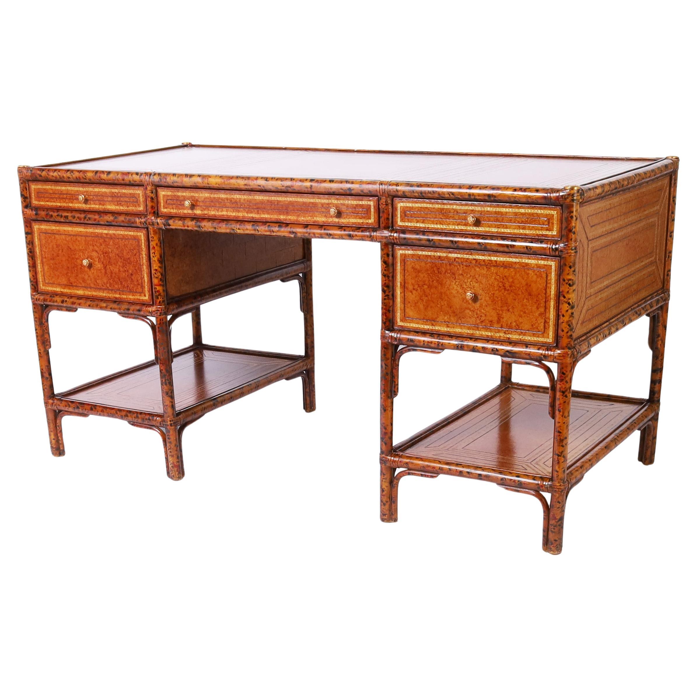 British Colonial Style Faux Bamboo Leather Clad Desk by Maitland-Smith For Sale