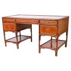 Retro British Colonial Style Faux Bamboo Leather Clad Desk by Maitland-Smith