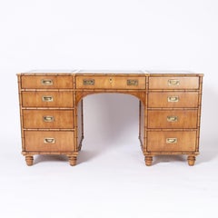 British Colonial Style Faux Bamboo Leather Top Desk by Henredon