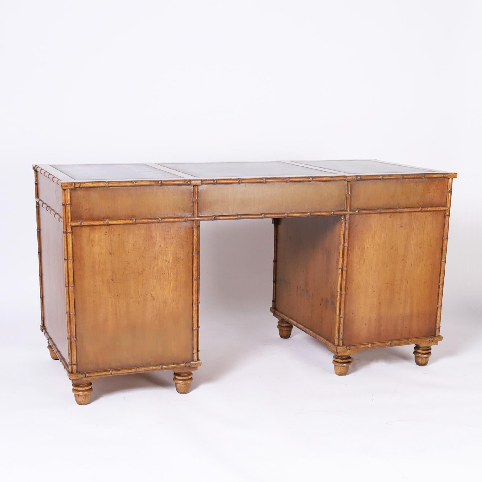 British Colonial Style Faux Bamboo Leather Top Desk by Henredon In Good Condition In Palm Beach, FL