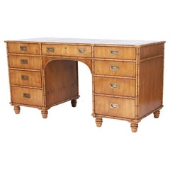 British Colonial Style Faux Bamboo Leather Top Desk by Henredon