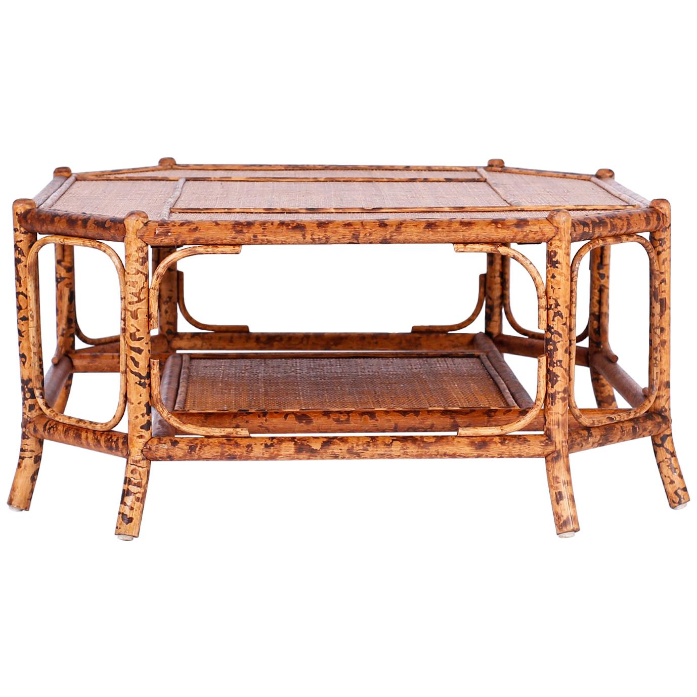 British Colonial Style Faux Burnt Bamboo and Grasscloth Coffee Table