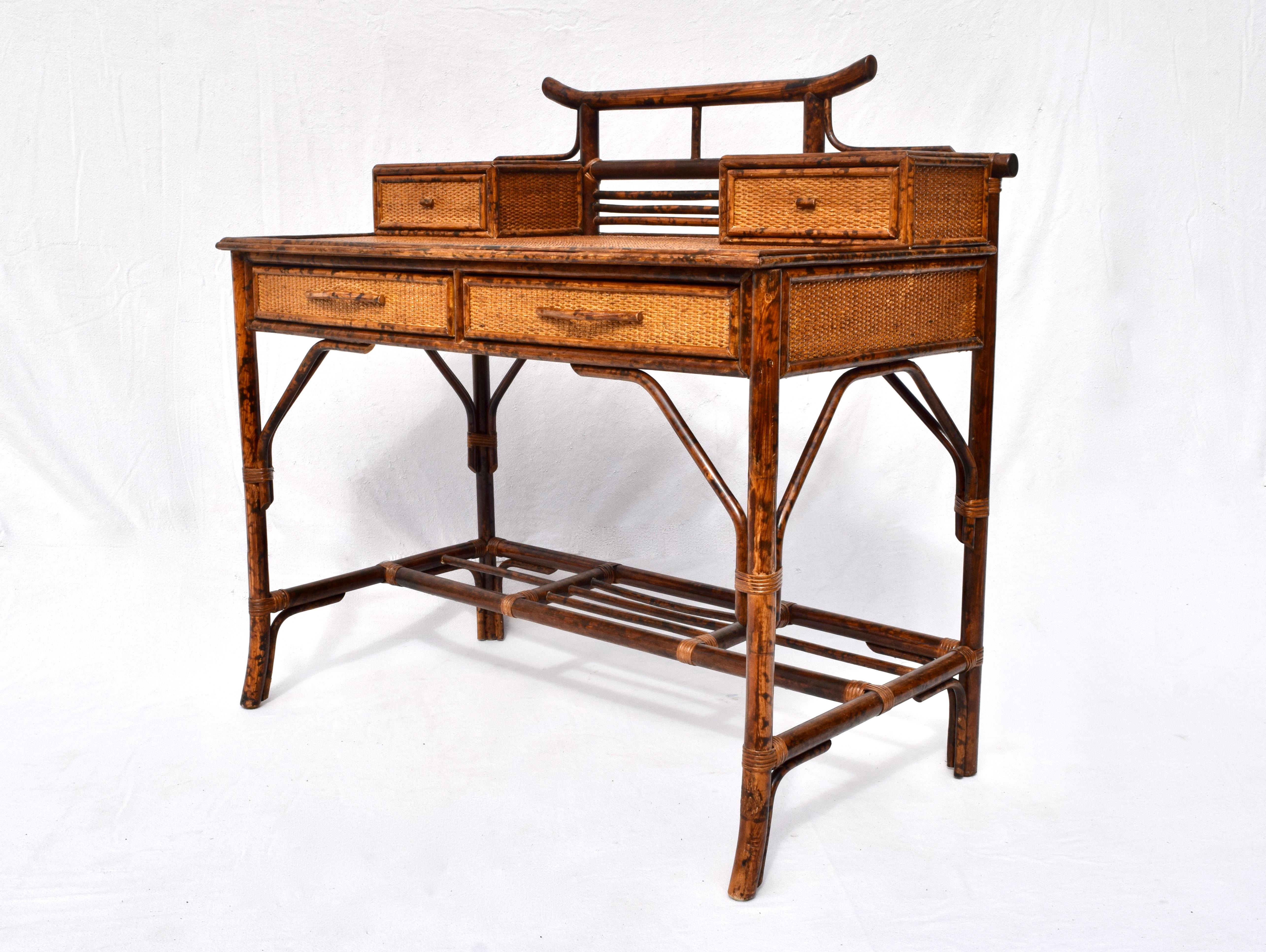 British Colonial Style Faux Tortoise Bamboo and Grass Cloth Desk Set In Good Condition In Southampton, NJ