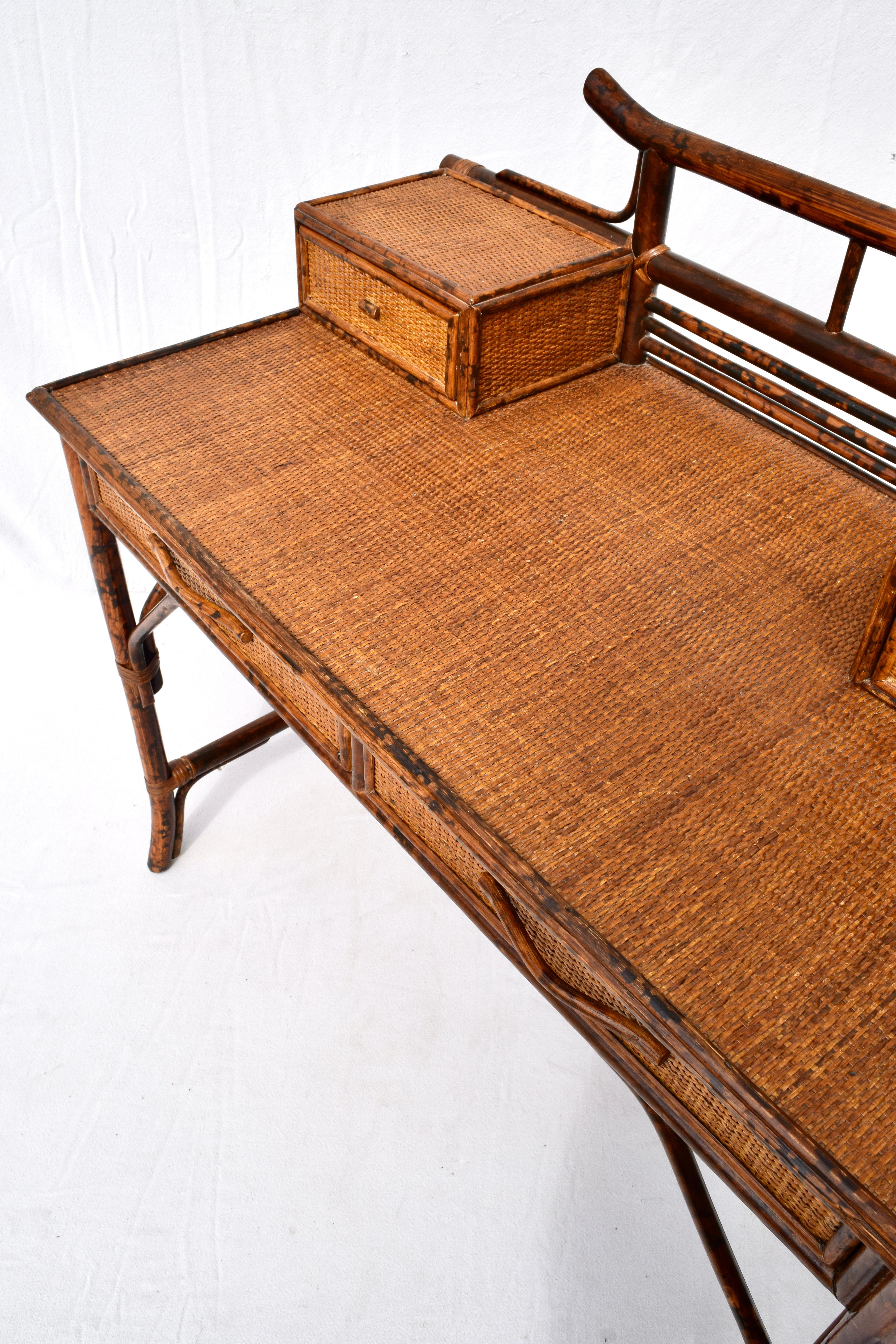 Late 20th Century British Colonial Style Faux Tortoise Bamboo and Grass Cloth Desk Set