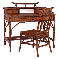 British Colonial Style Faux Tortoise and Grass Cloth Desk and Chair