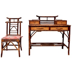 British Colonial Style Faux Tortoise Bamboo and Grass Cloth Desk Set