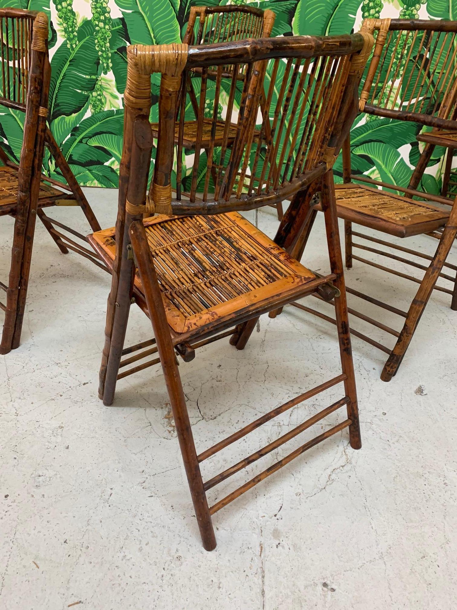 British Colonial Style Folding Bamboo Tiger Wood Chairs, Set of 6 In Good Condition In Jacksonville, FL