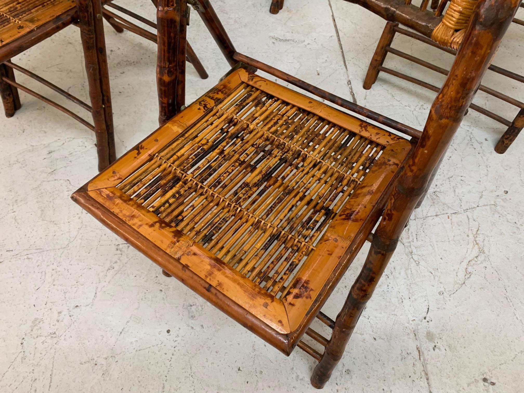 Late 20th Century British Colonial Style Folding Bamboo Tiger Wood Chairs, Set of 6