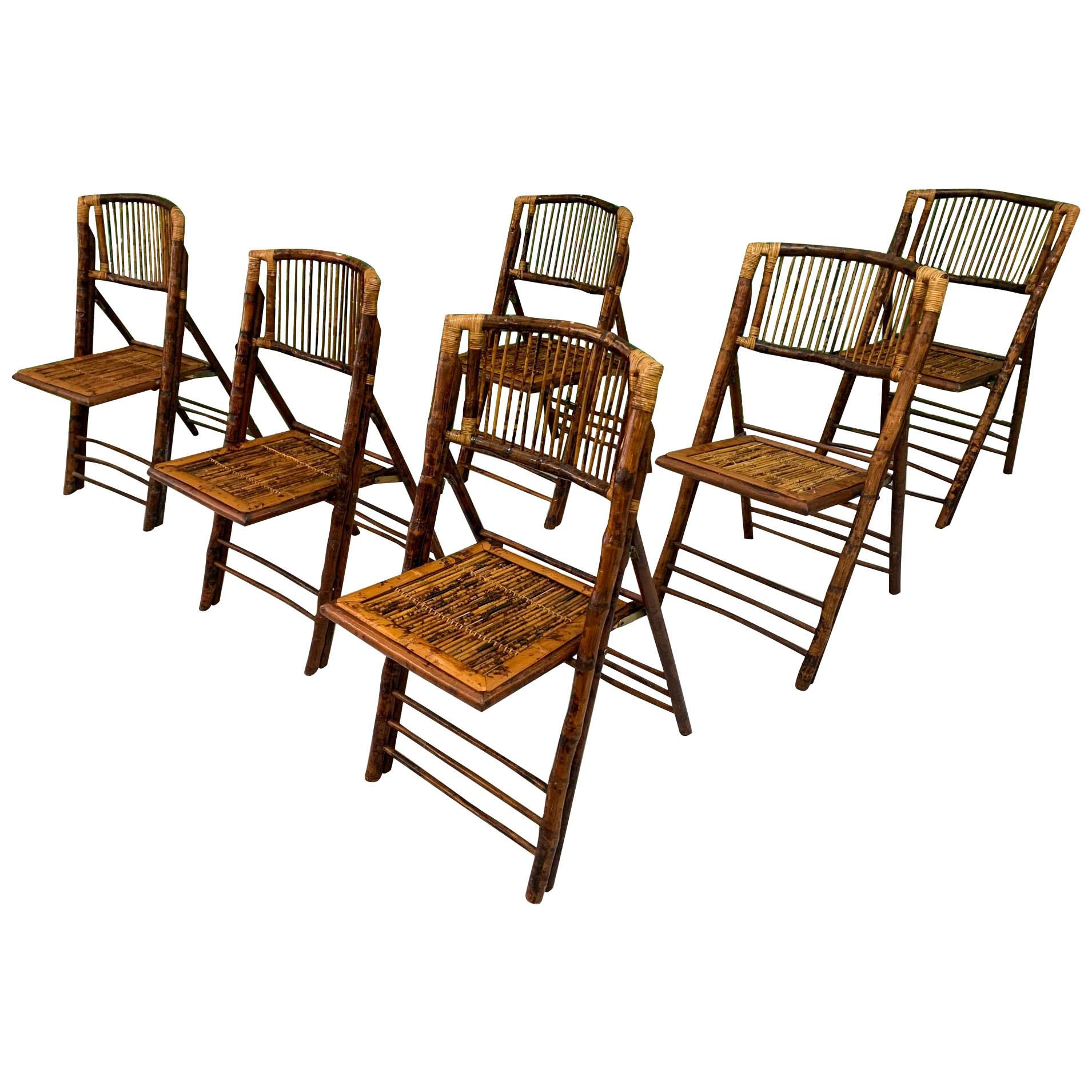 British Colonial Style Folding Bamboo Tiger Wood Chairs, Set of 6