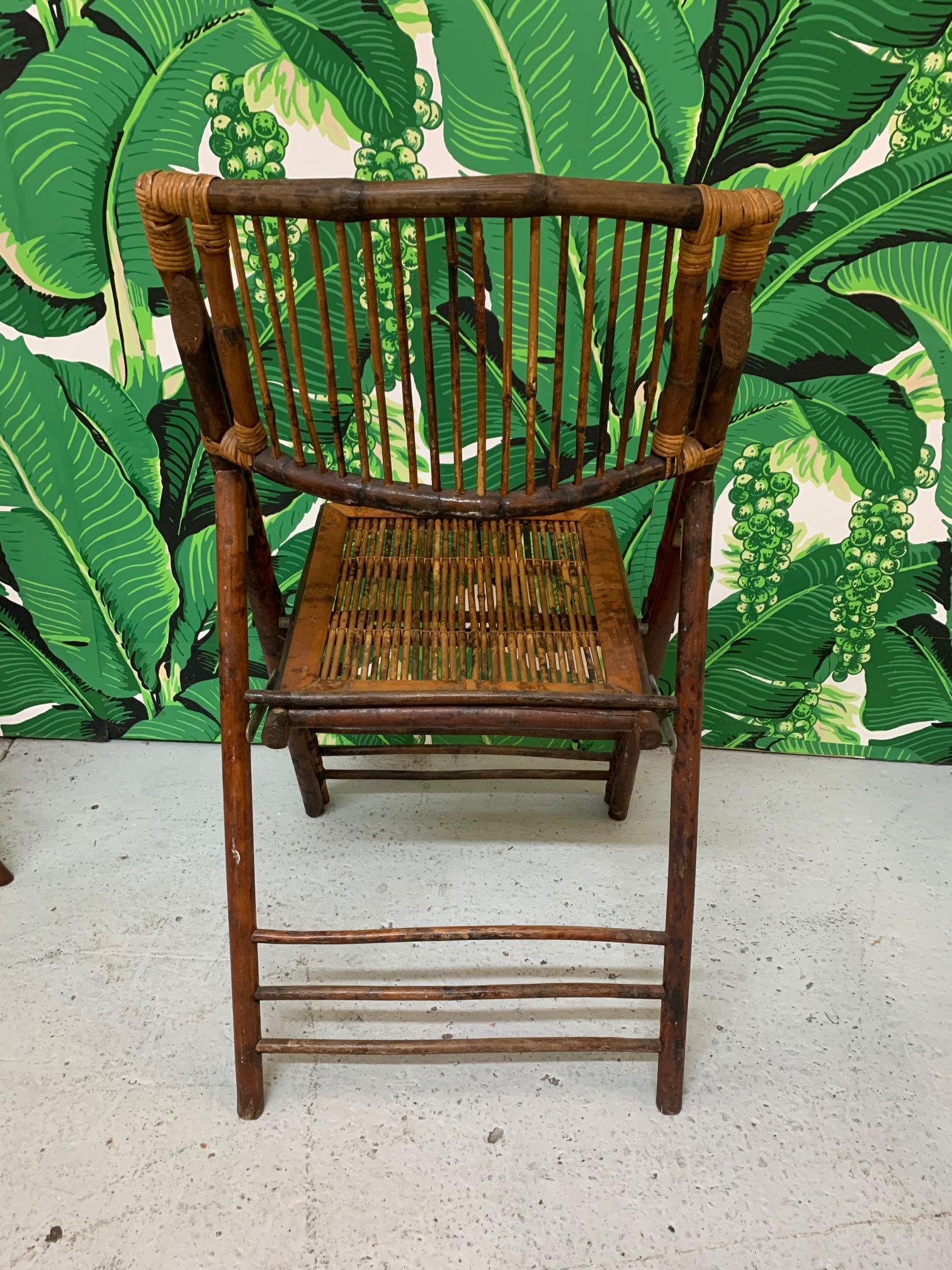 British Colonial Style Folding Bamboo Tiger Wood Safari Chairs, Set of 10 In Good Condition In Jacksonville, FL