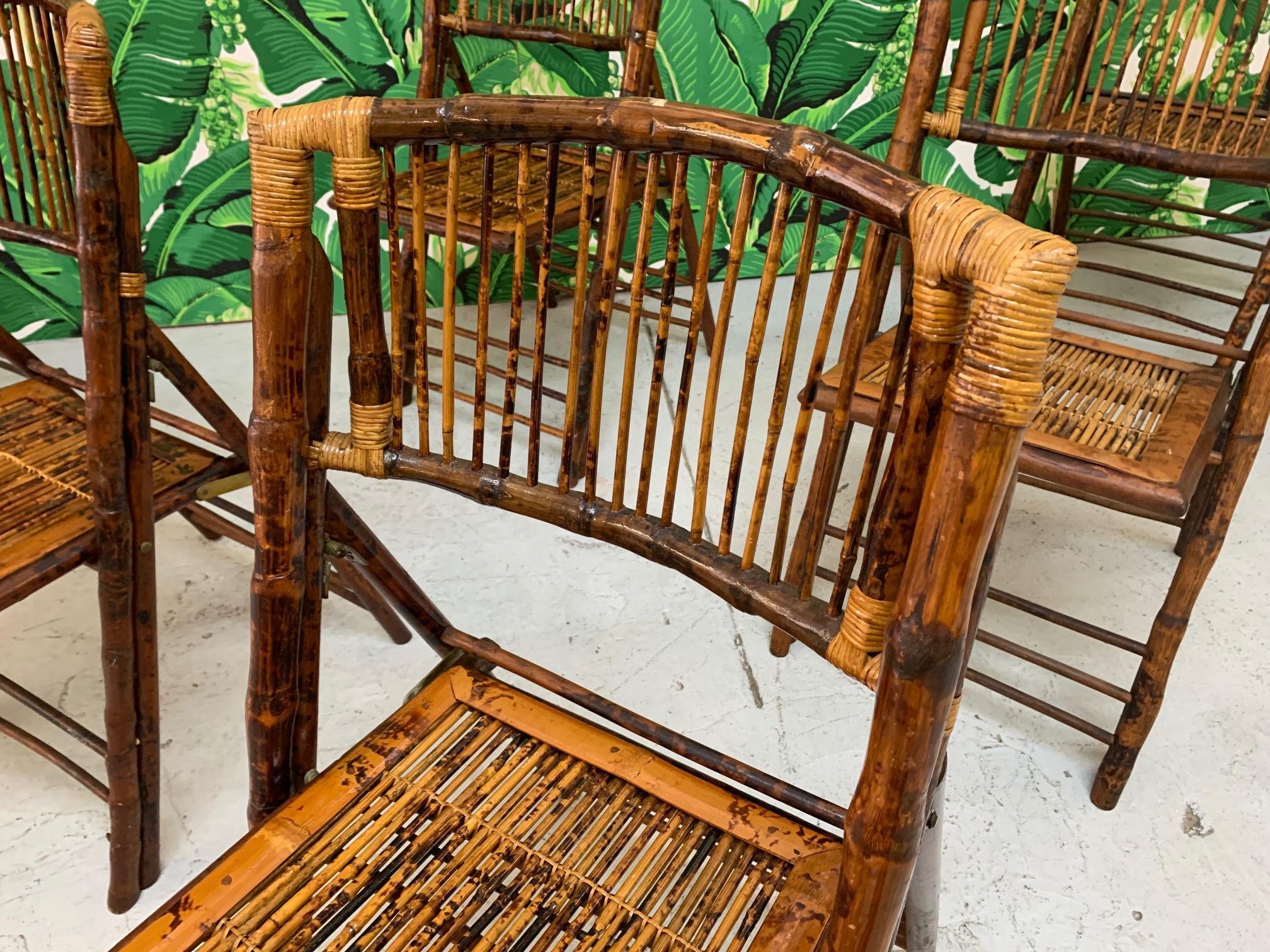 Late 20th Century British Colonial Style Folding Bamboo Tiger Wood Safari Chairs, Set of 10