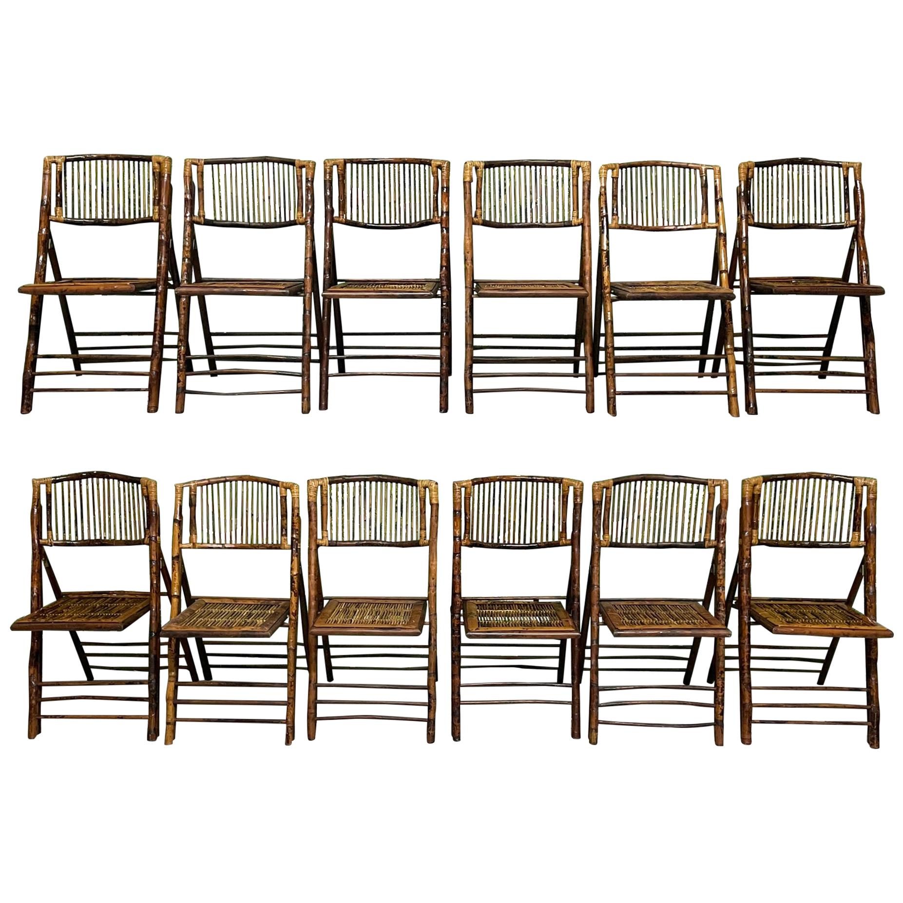 British Colonial Style Folding Bamboo Tiger Wood Safari Chairs, Set of 10