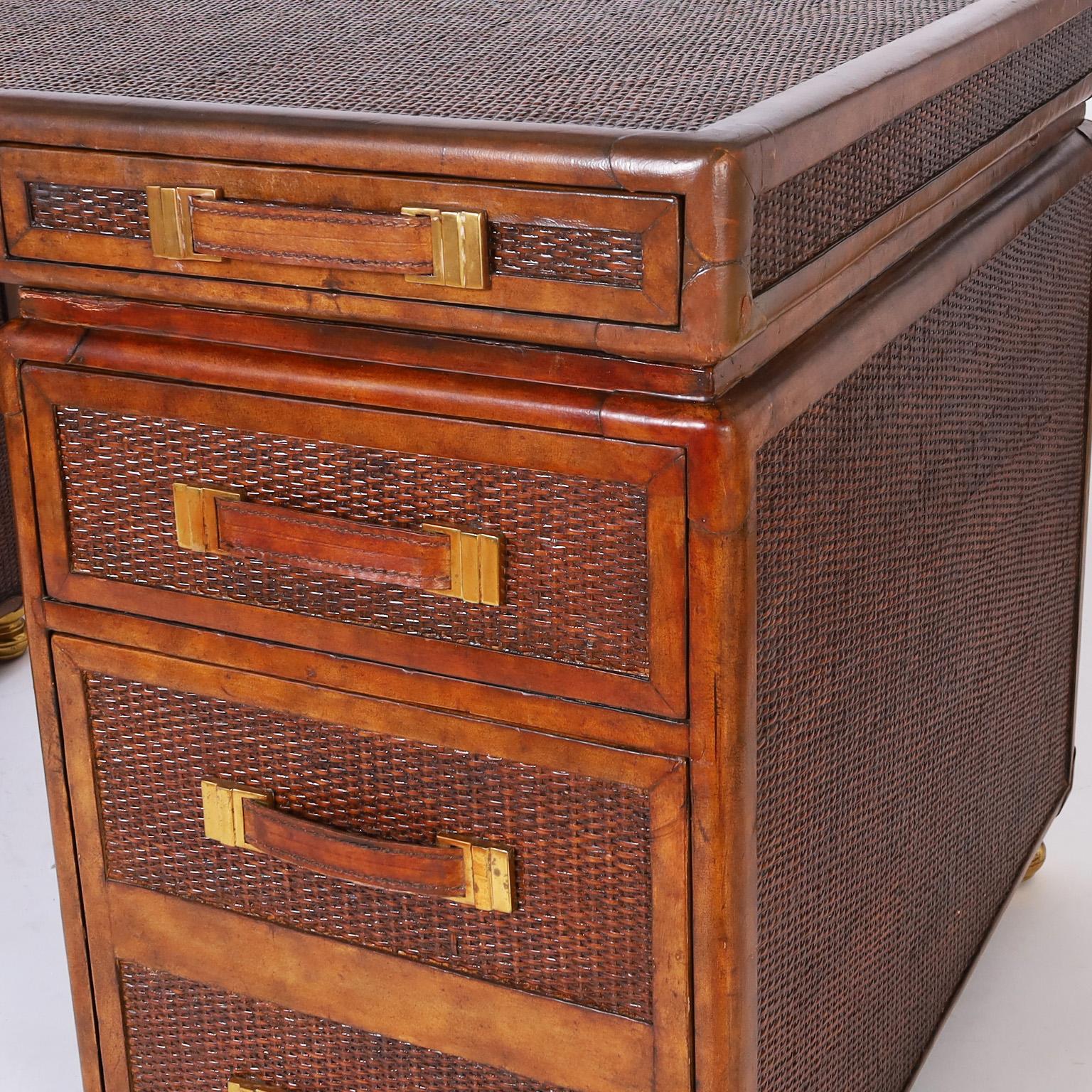 Philippine British Colonial Style Grasscloth and Mahogany Desk For Sale