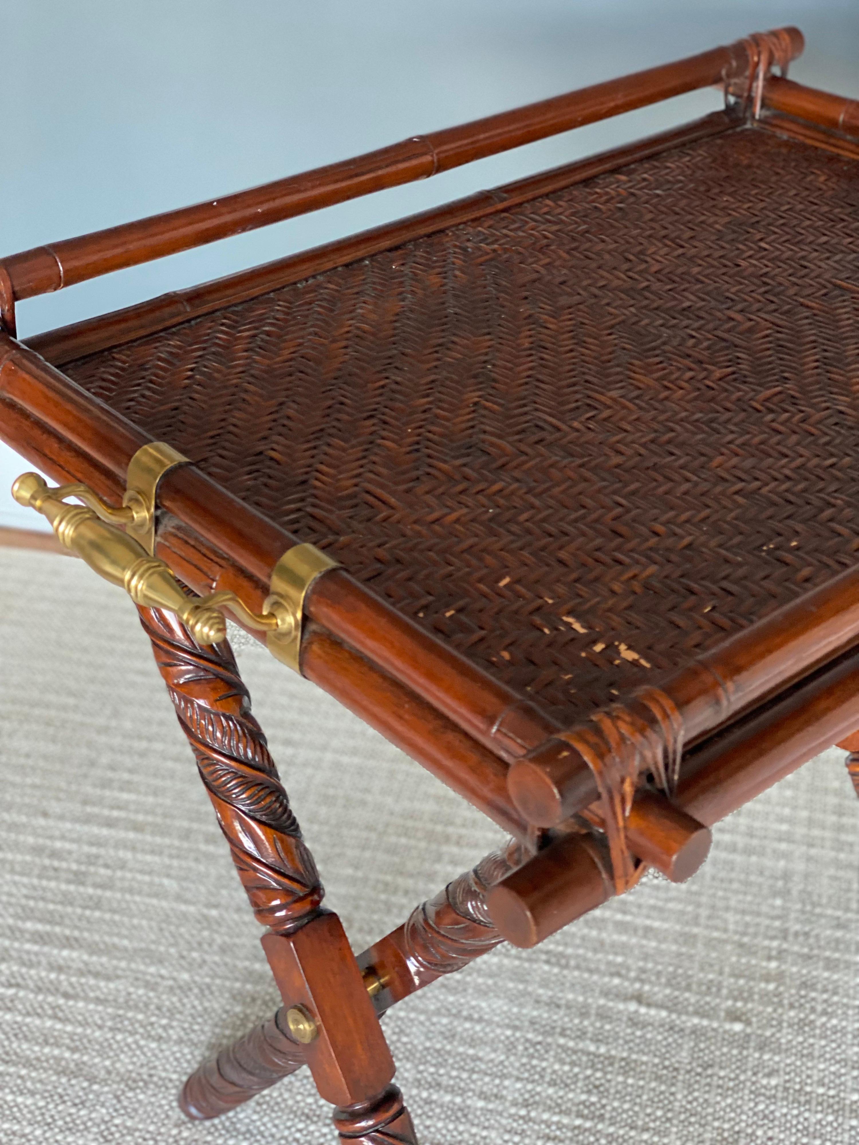 British Colonial Style Mahogany, Bamboo, & Rattan Butler Tray Table on Stand 2