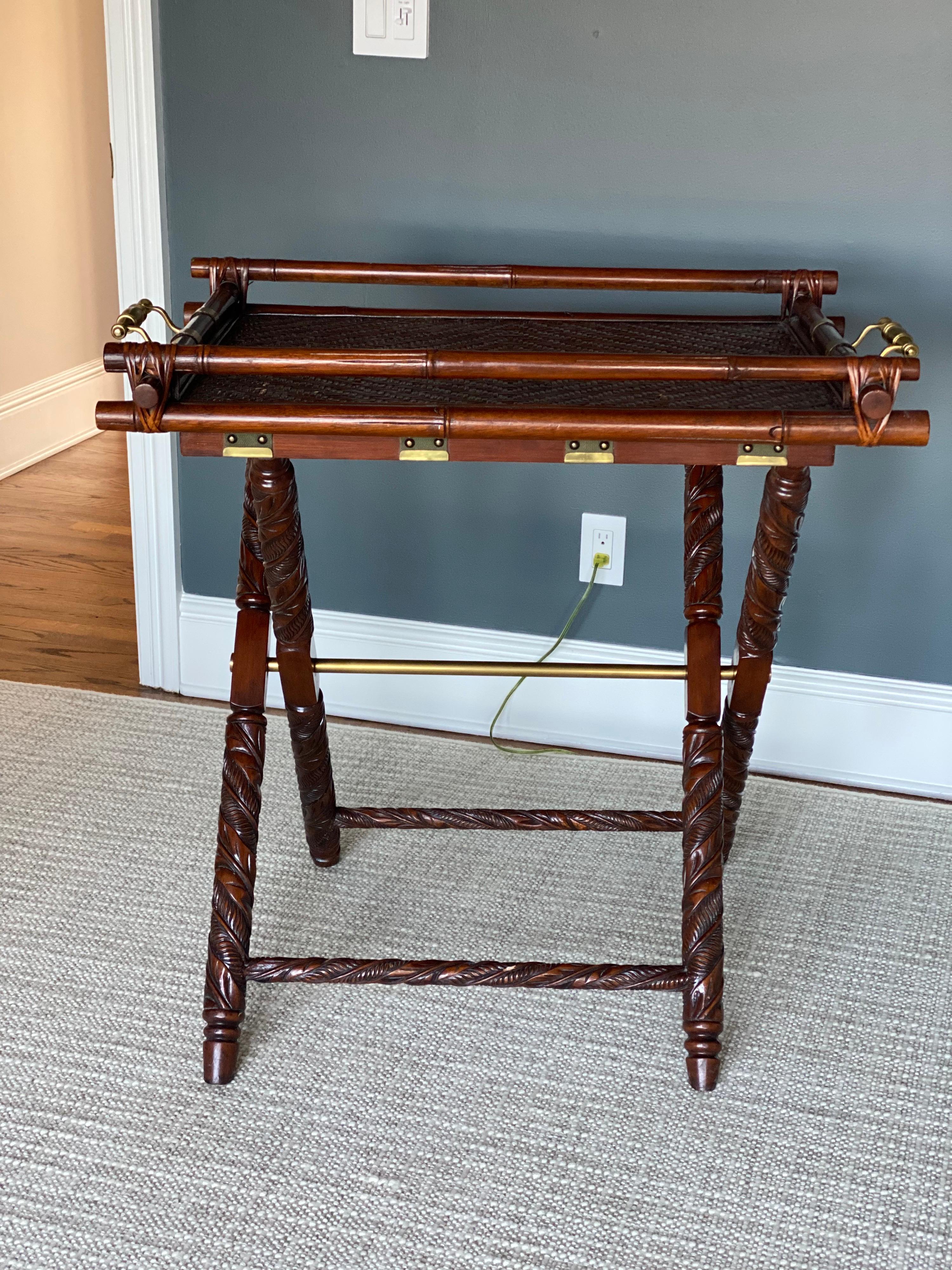 British Colonial Style Mahogany, Bamboo, & Rattan Butler Tray Table on Stand 4