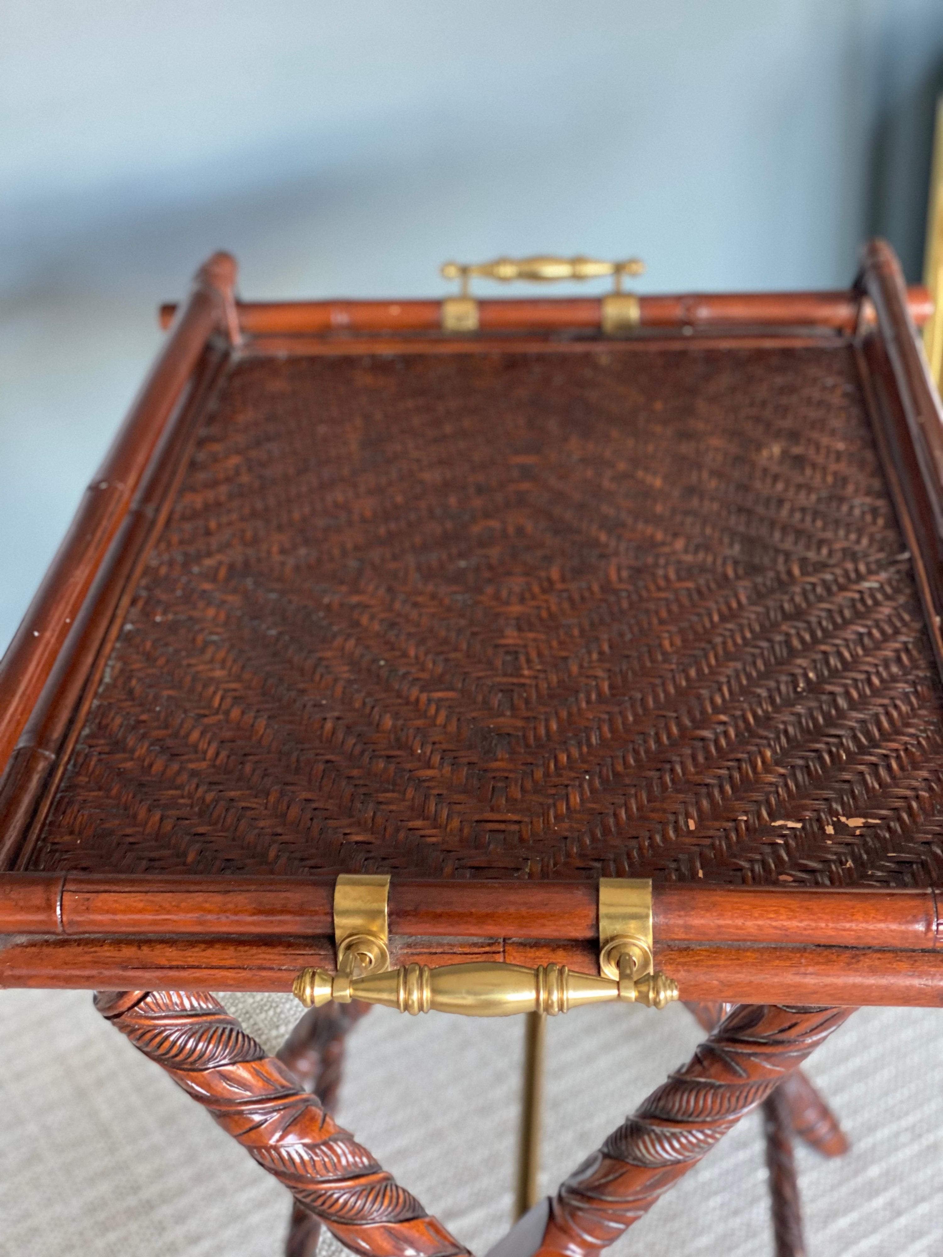 British Colonial Style Mahogany, Bamboo, & Rattan Butler Tray Table on Stand In Good Condition In Southampton, NY