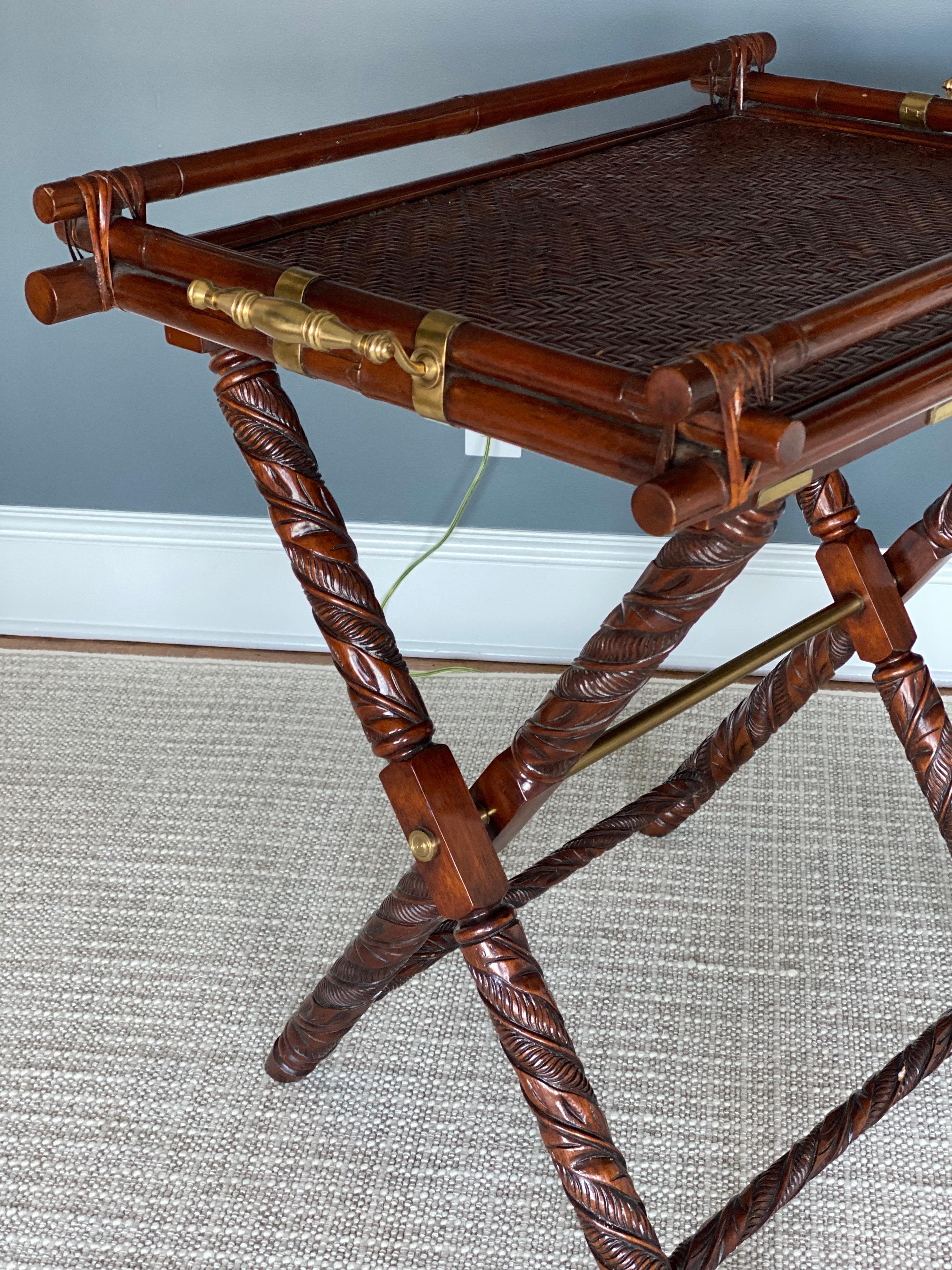 Contemporary British Colonial Style Mahogany, Bamboo, & Rattan Butler Tray Table on Stand