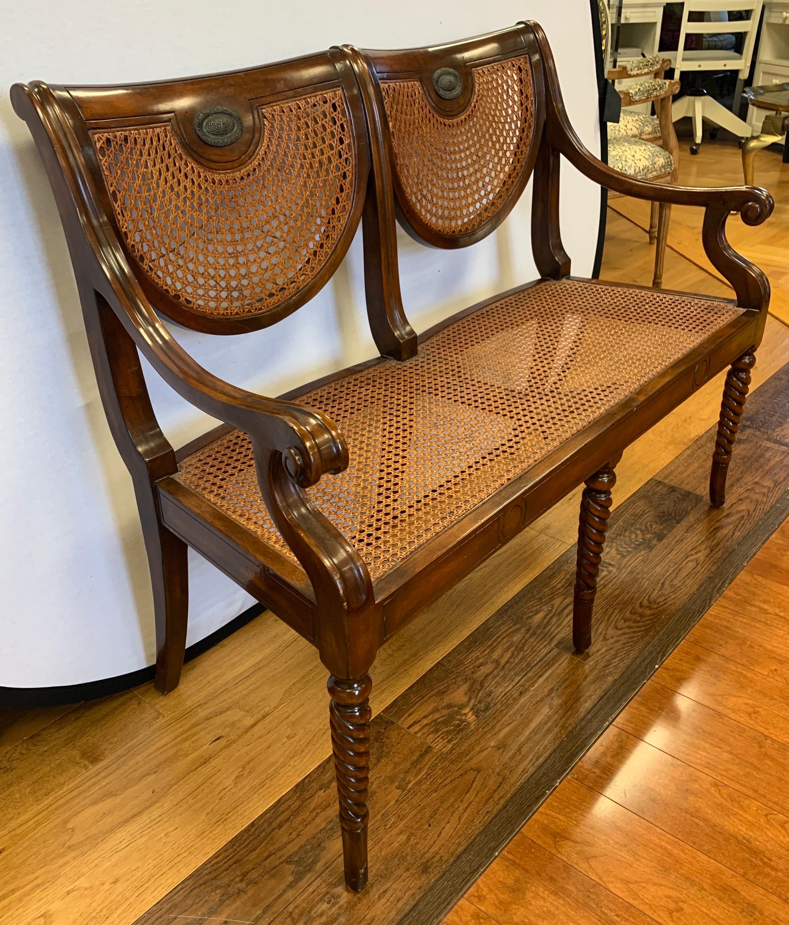 American Regency Style Mahogany Cane Bench Settee with Custom Seat Cushion