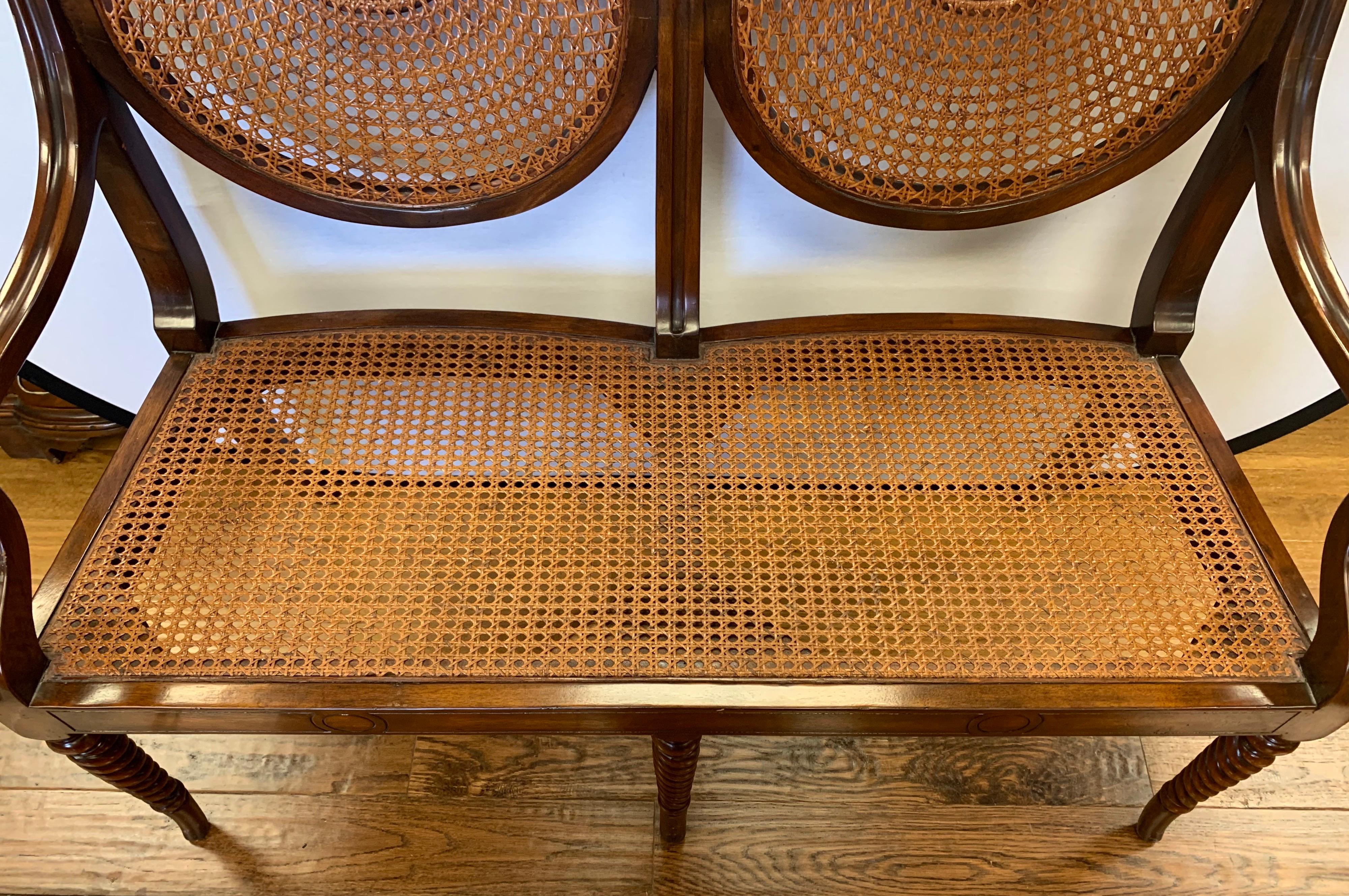 20th Century Regency Style Mahogany Cane Bench Settee with Custom Seat Cushion