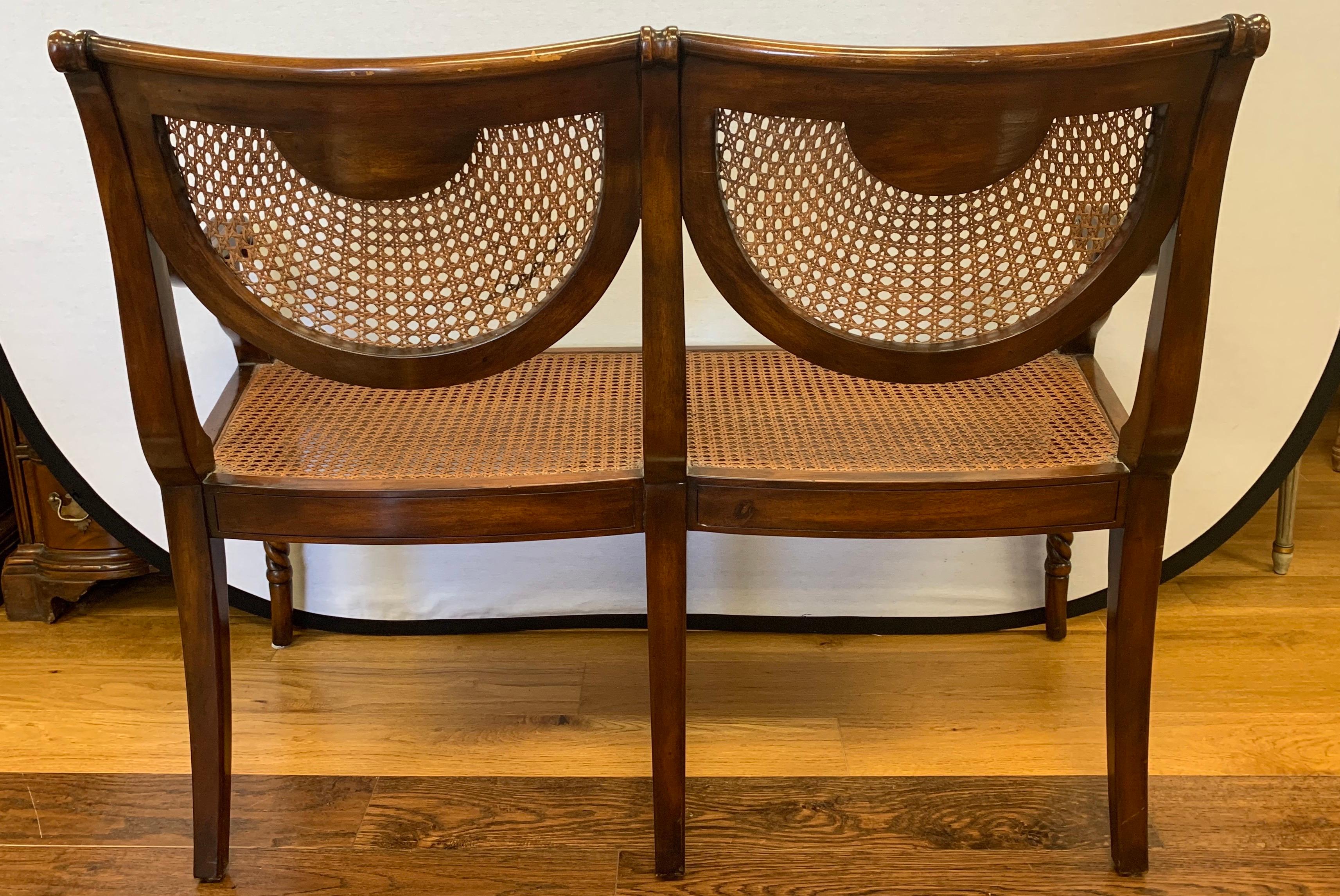 Fabric Regency Style Mahogany Cane Bench Settee with Custom Seat Cushion